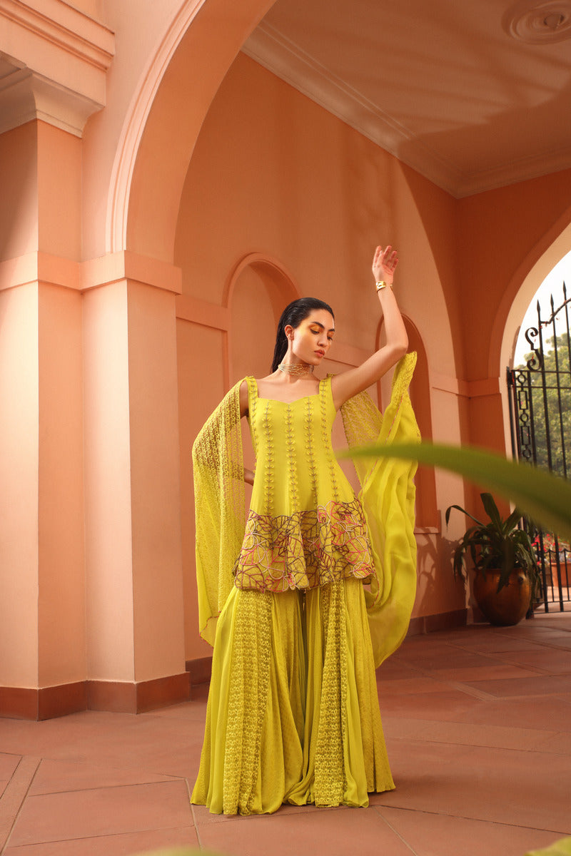 Sharara and Tunic Set in The Pop Color Of Chartreuse Green