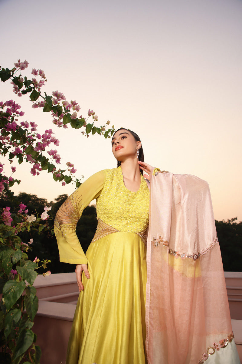 A Canary Yellow Anarkali Set