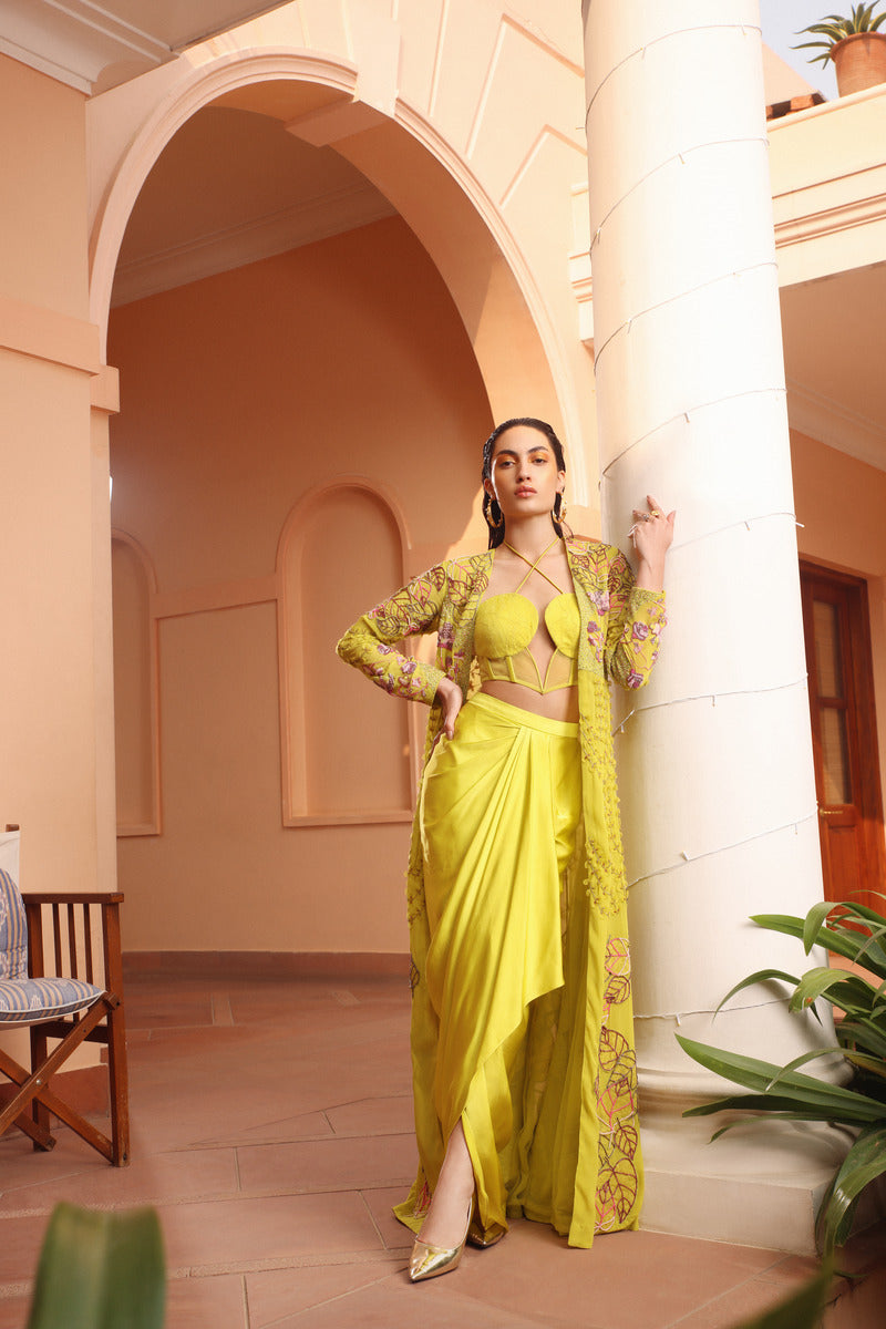 Draped Skirt With Interesting Bustier and Fully Embroidered Cape