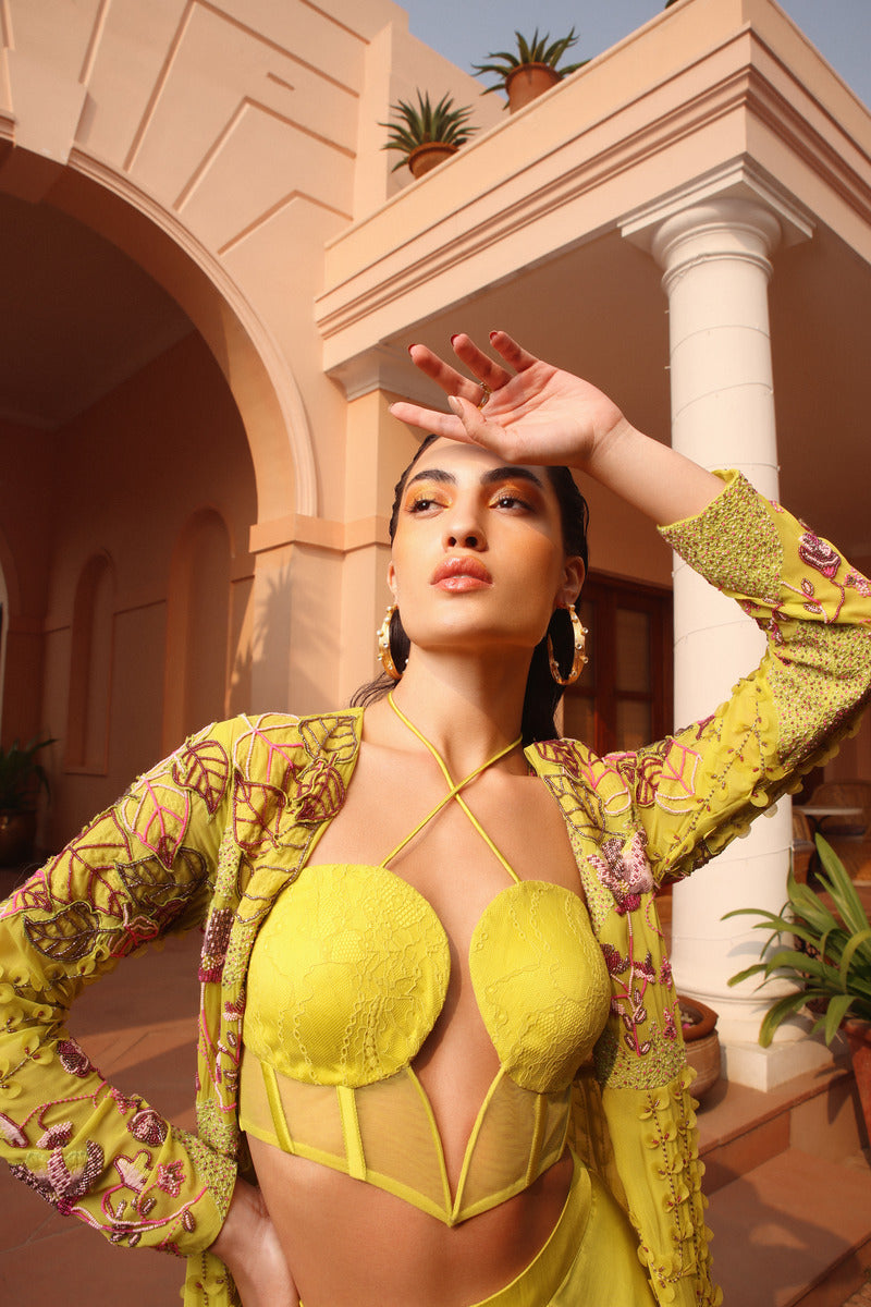 Draped Skirt With Interesting Bustier and Fully Embroidered Cape