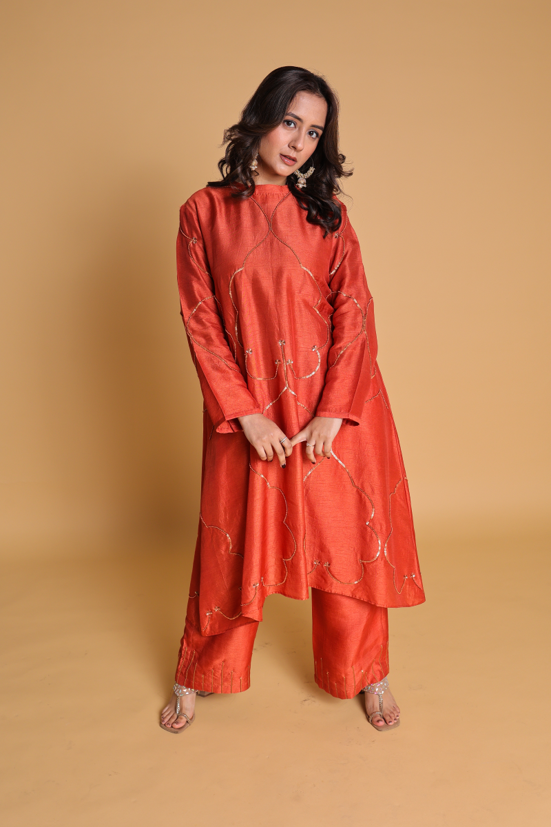 Orange Cord Set With Hand Embroidery Is Perfect For Any Occasion