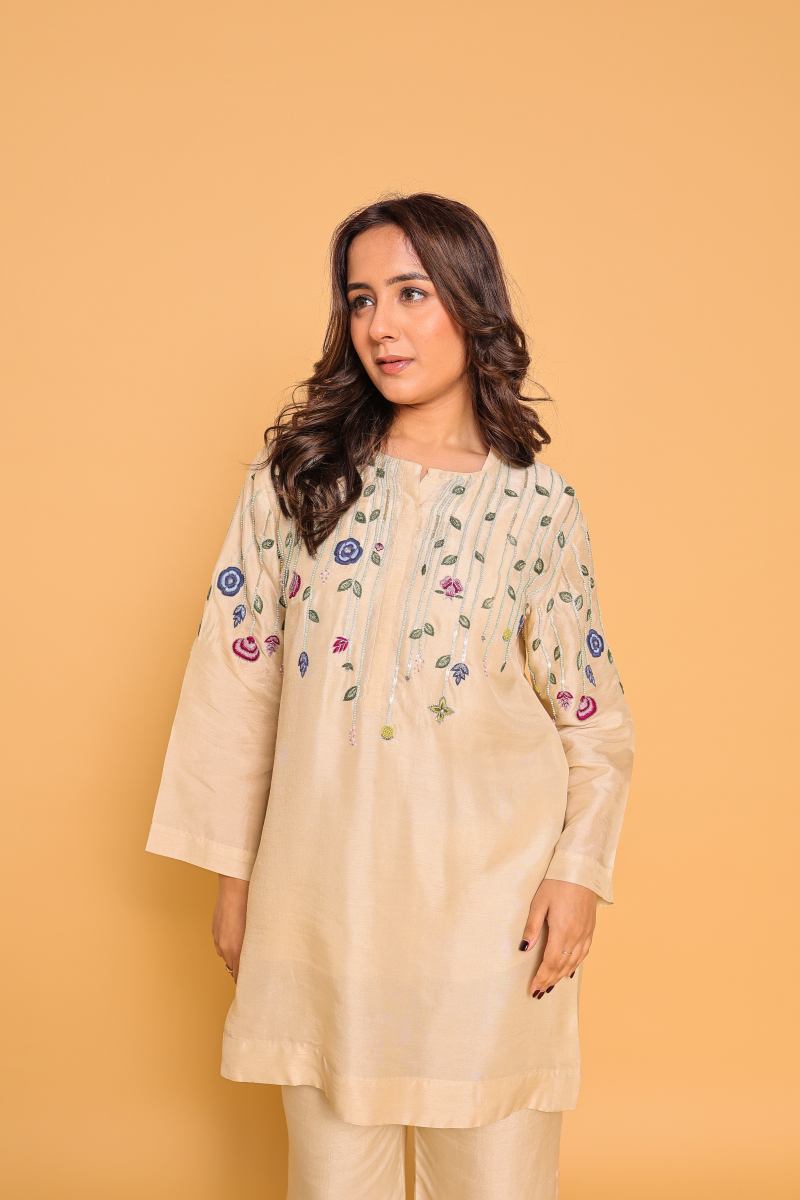 Bej Cord Set With Hand Embroidery