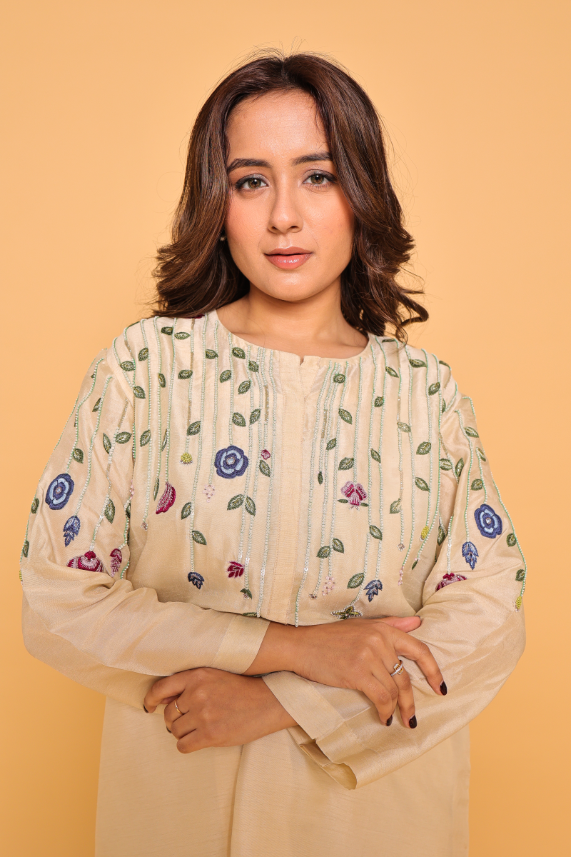 Bej Cord Set With Hand Embroidery