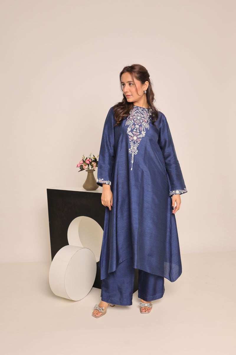 Navy Blue Cord Set With Hand Embroidery