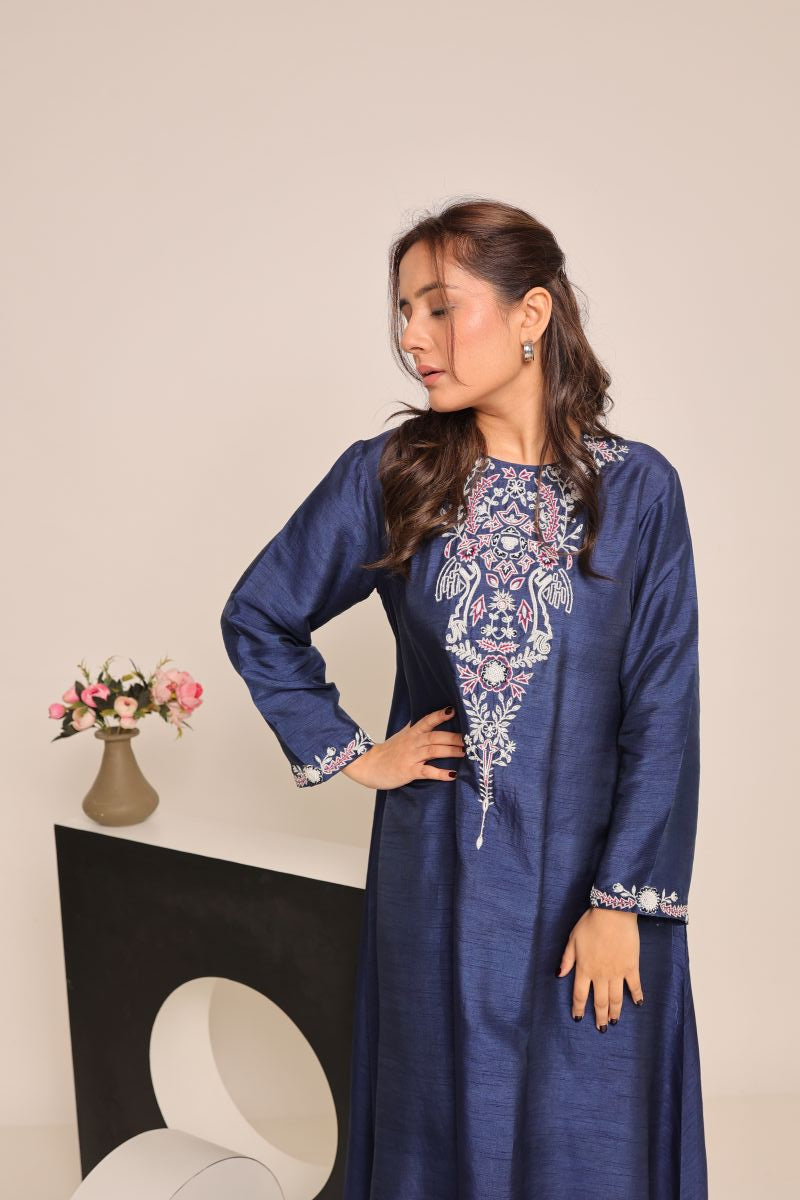 Navy Blue Cord Set With Hand Embroidery