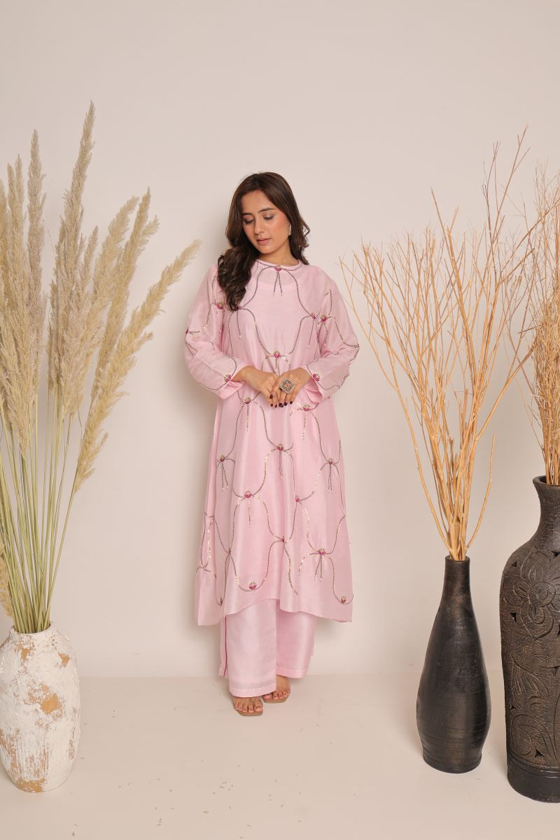 Pink Cord Set With Hand Embroidery