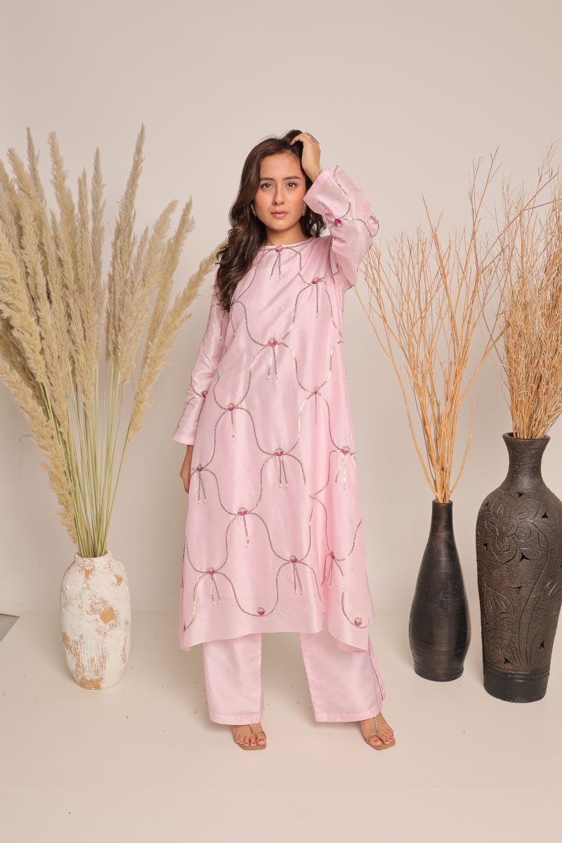 Pink Cord Set With Hand Embroidery