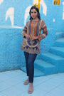 Mustard And Blue Baroque Bloom Printed Tunic