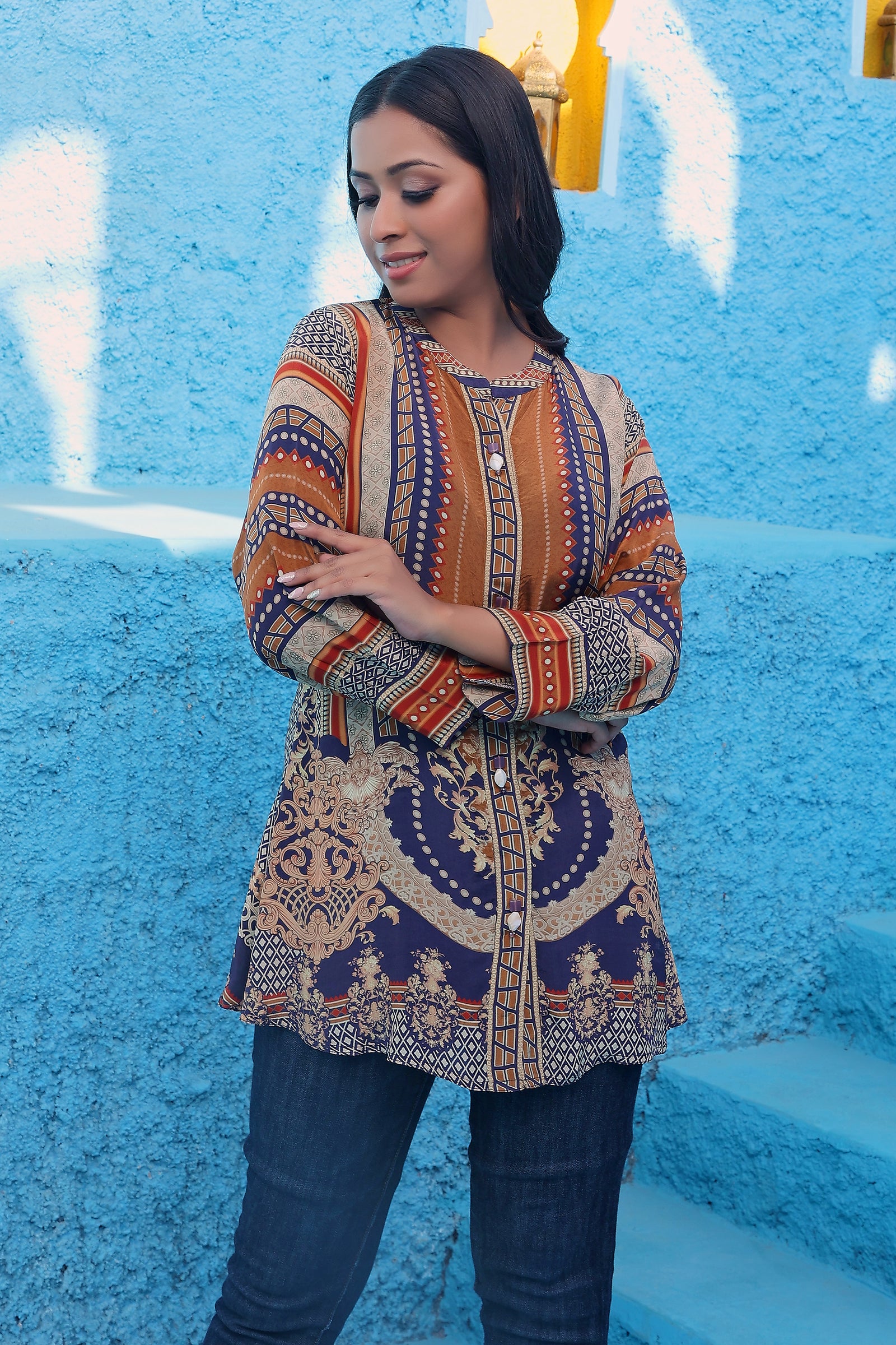 Mustard And Blue Baroque Bloom Printed Tunic