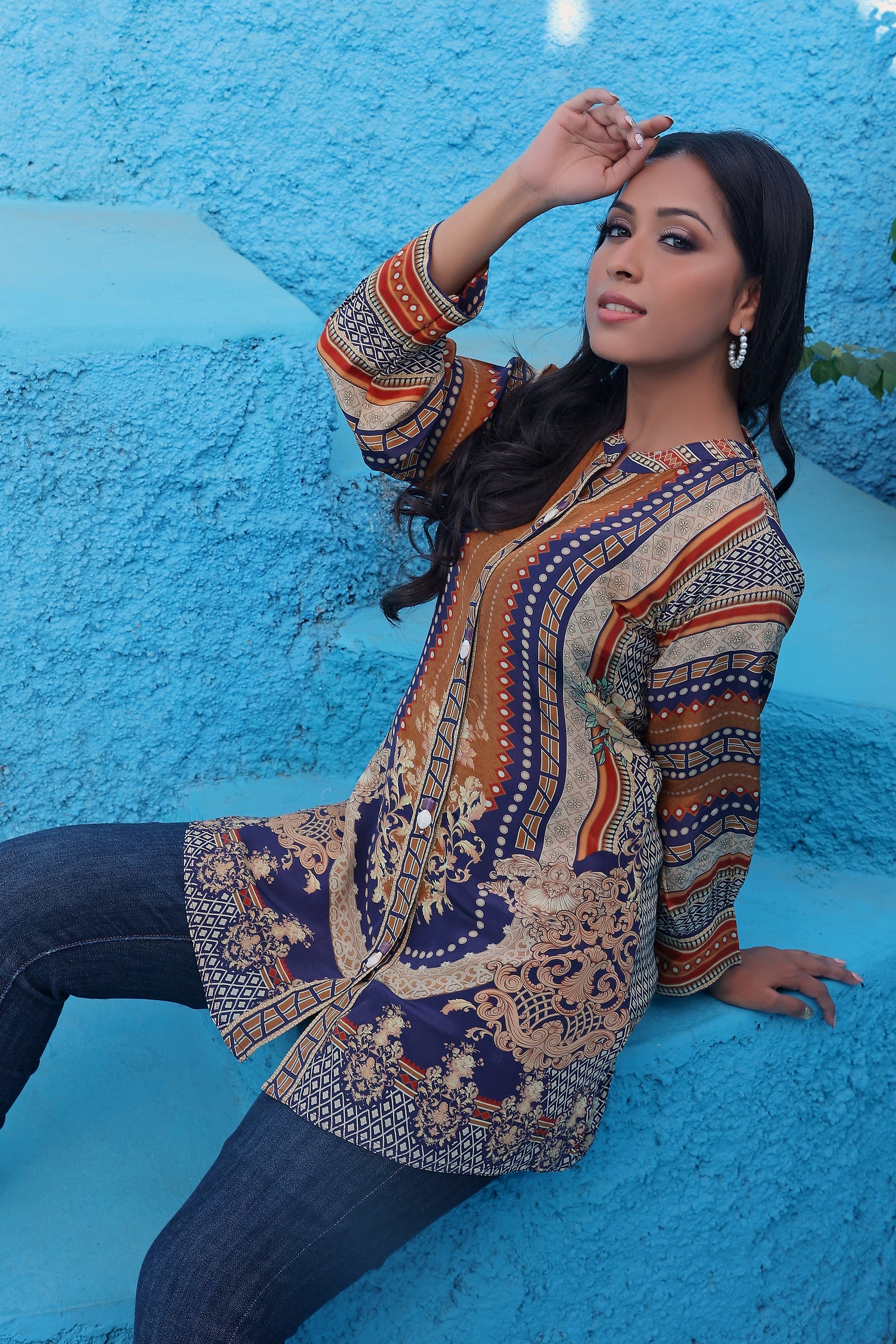 Mustard And Blue Baroque Bloom Printed Tunic