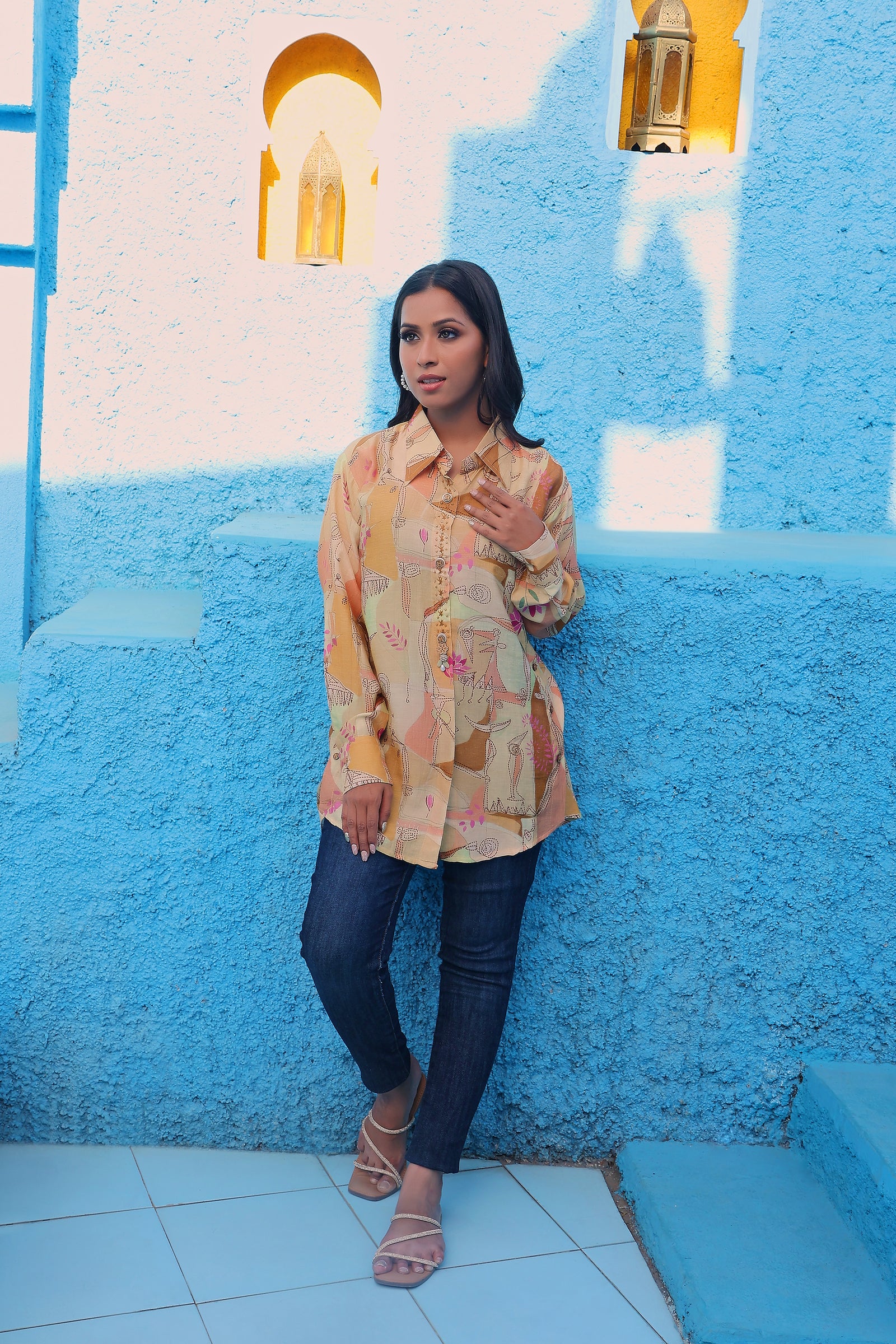 Shades Of Yellow Abstract And Floral Printed Shirt Style Tunic With Embroidery Details