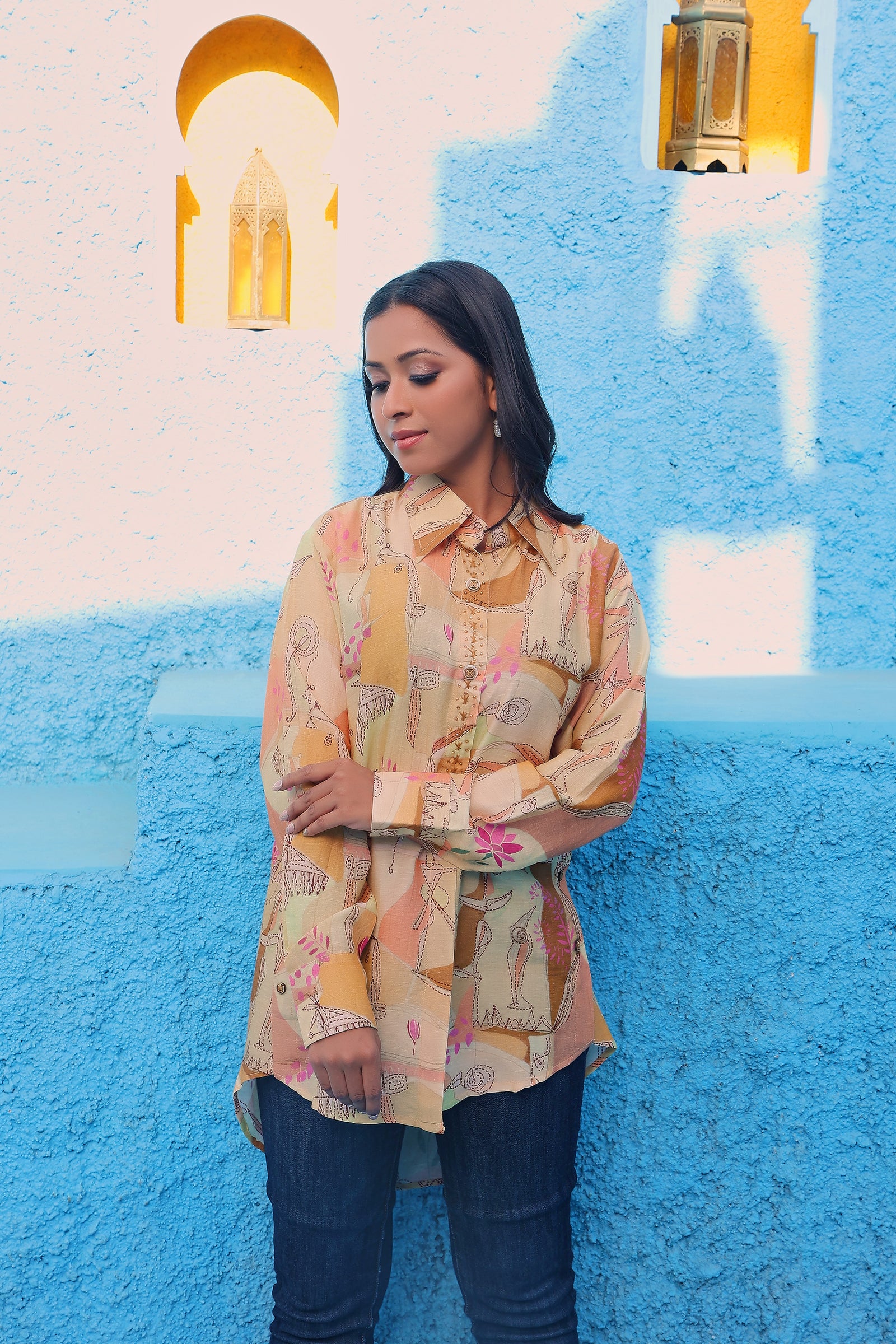 Shades Of Yellow Abstract And Floral Printed Shirt Style Tunic With Embroidery Details