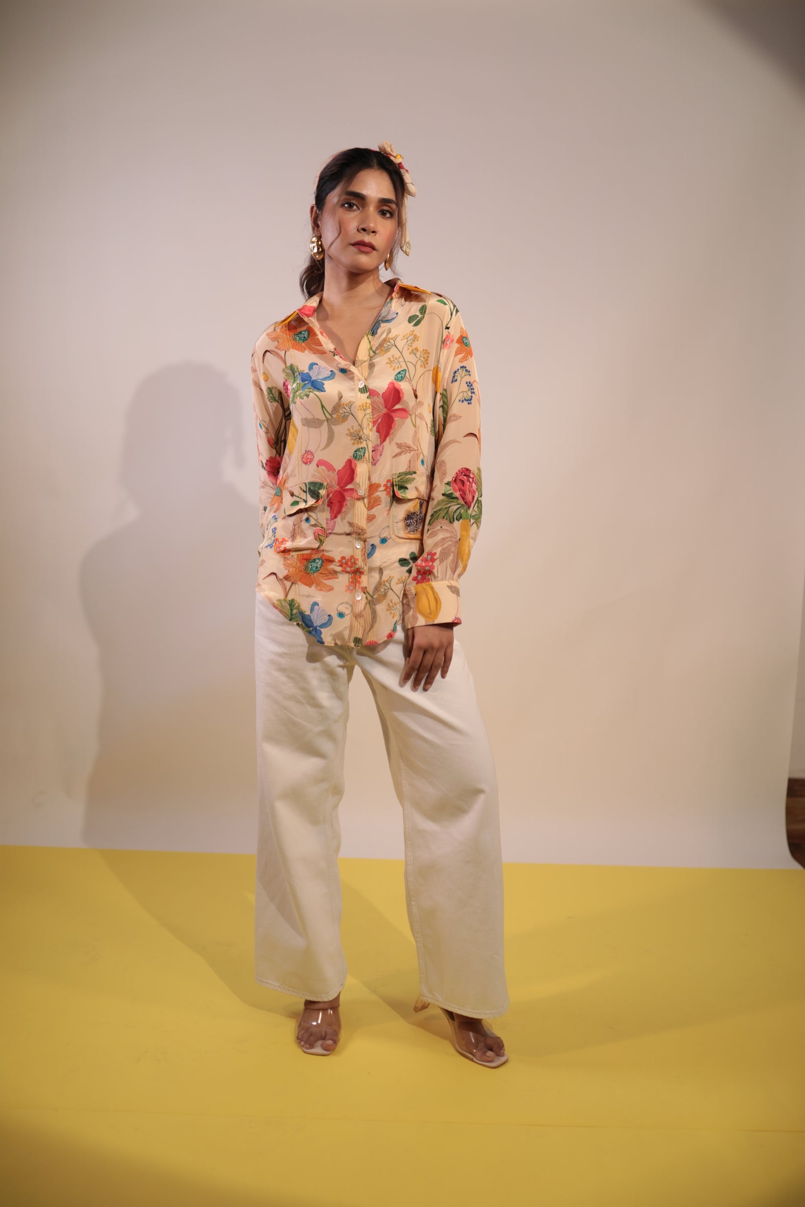 Beige floral crepe shirt