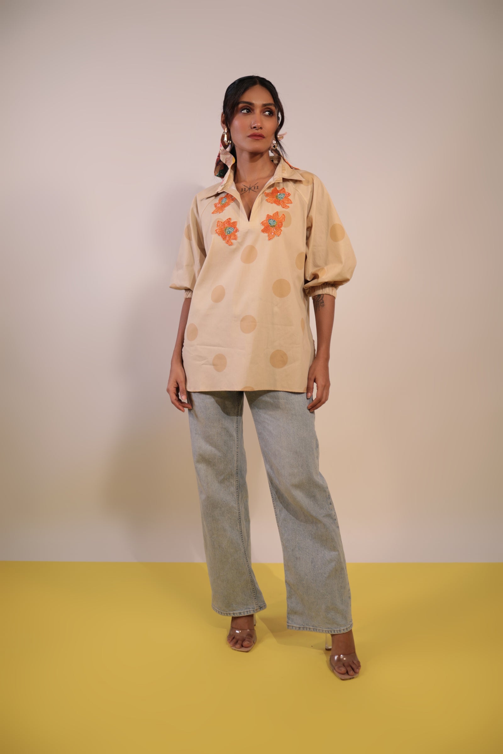 Beige polka floral shirt