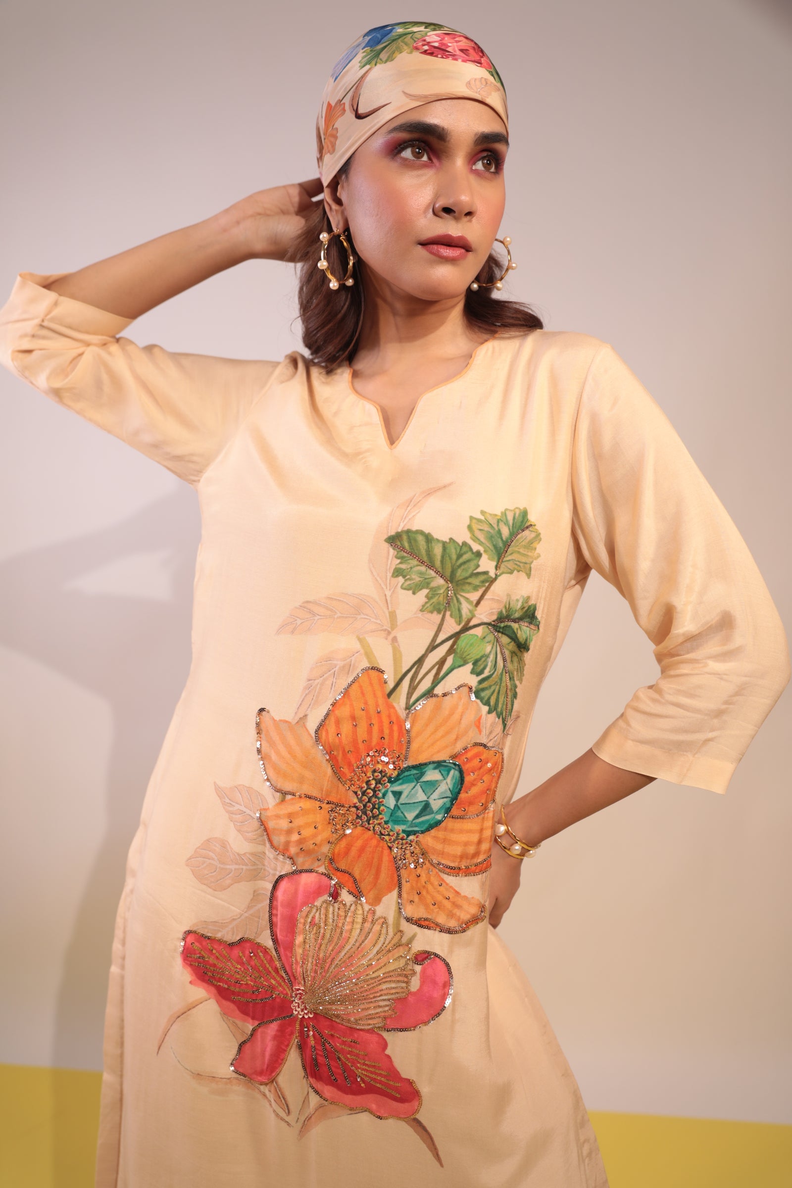Beige floral placement kurti