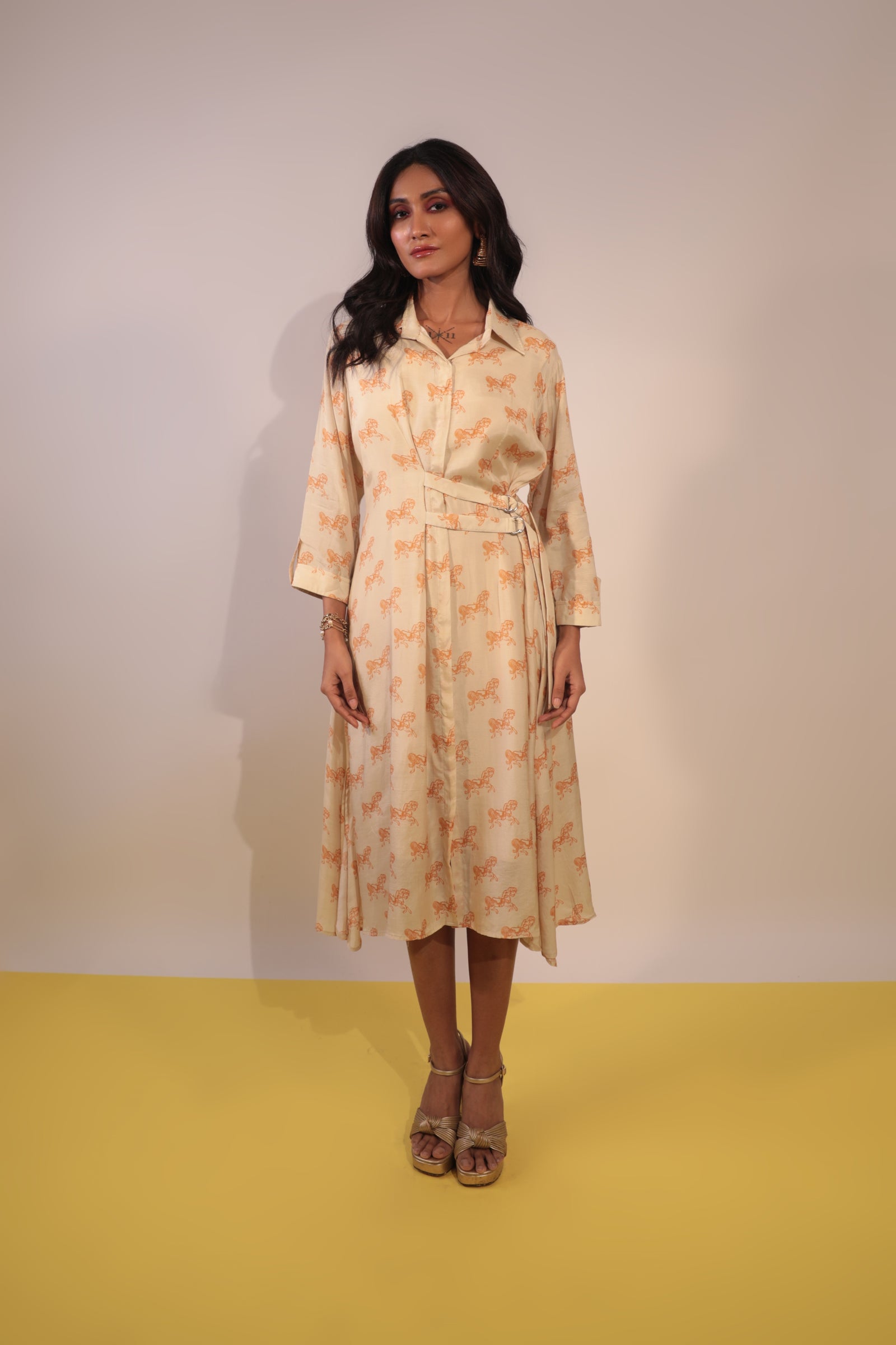 Beige & orange hourse outline dress