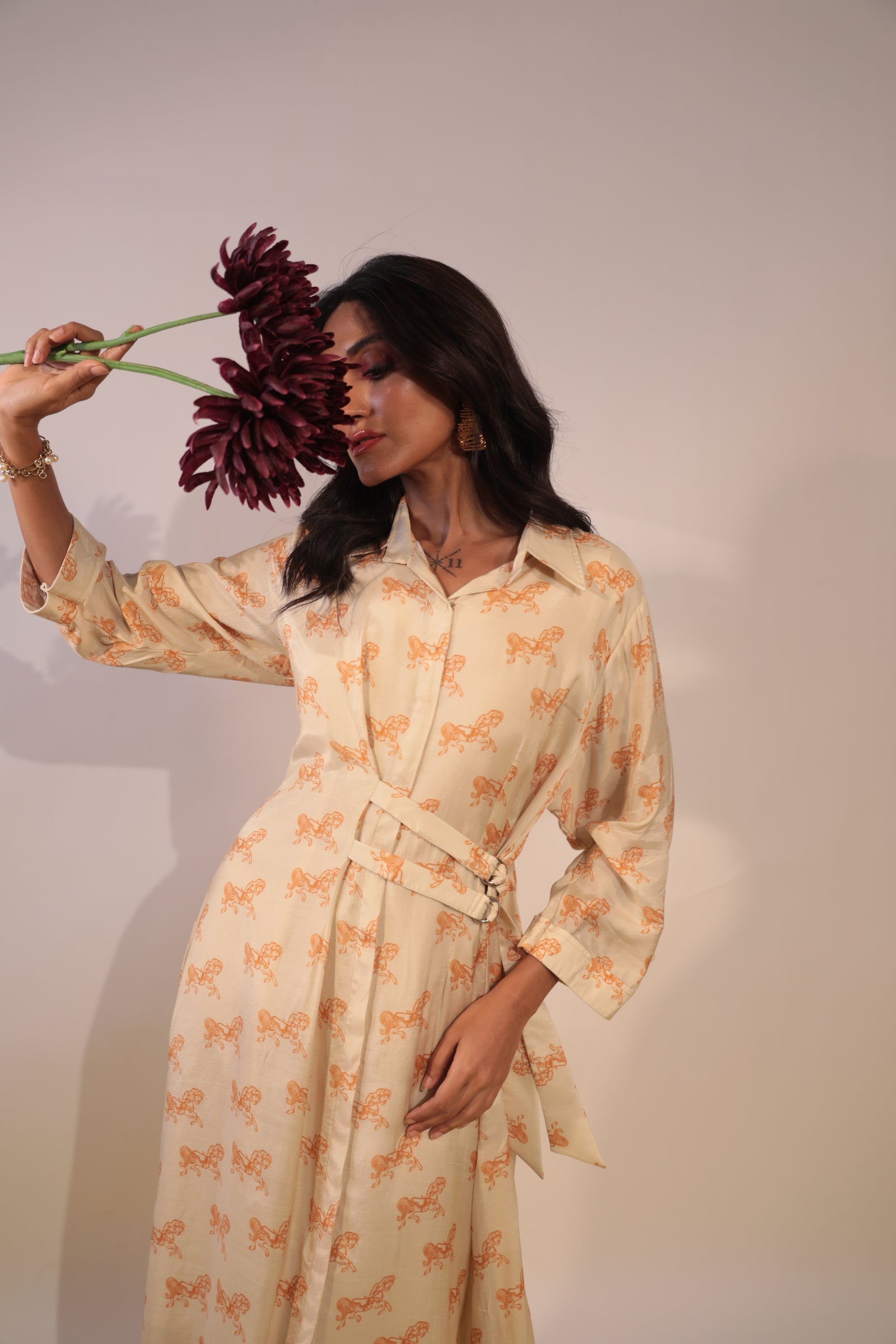 Beige & orange hourse outline dress