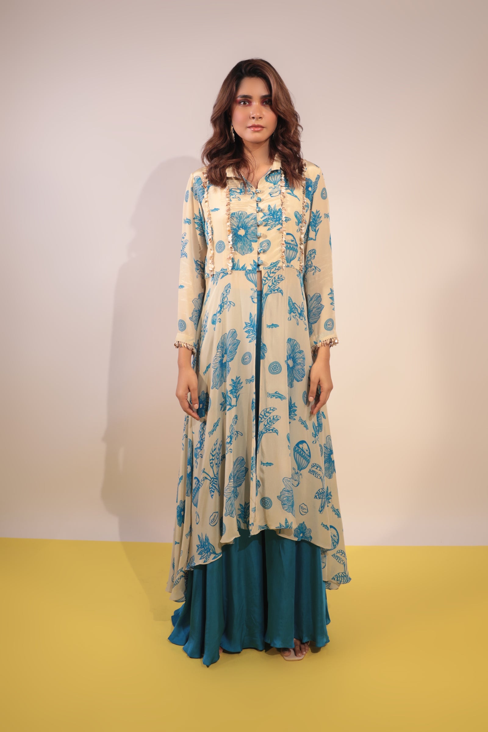 Beige & Blue horse outline dress with plazzo