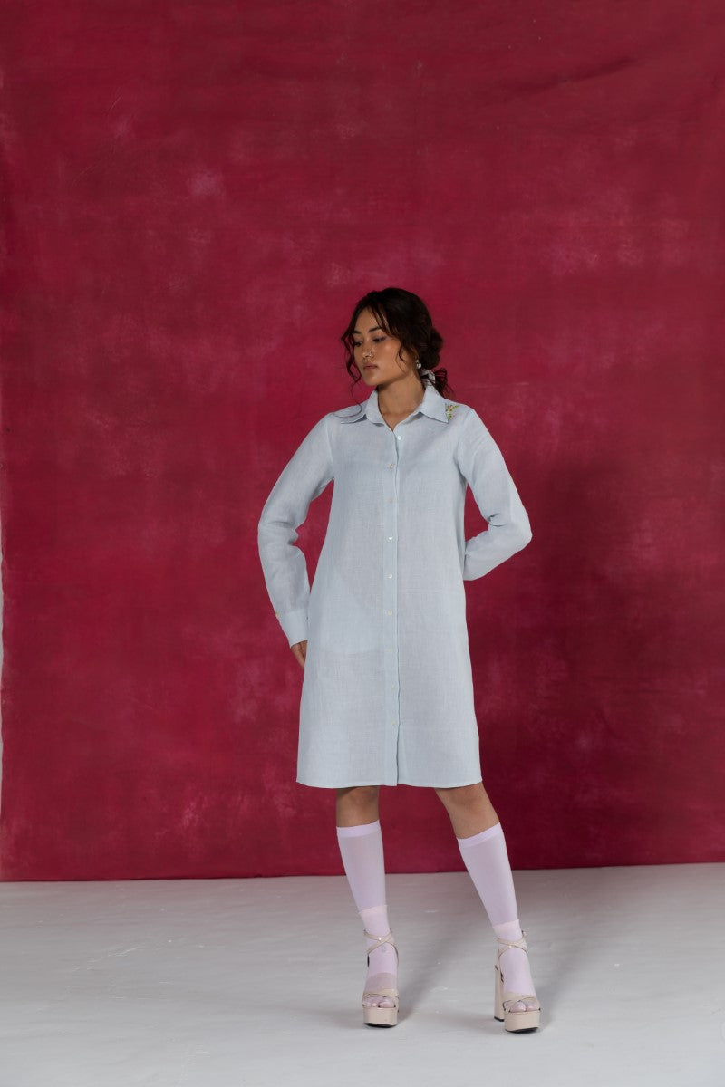 Pastel Blue Linen Shirt Dress