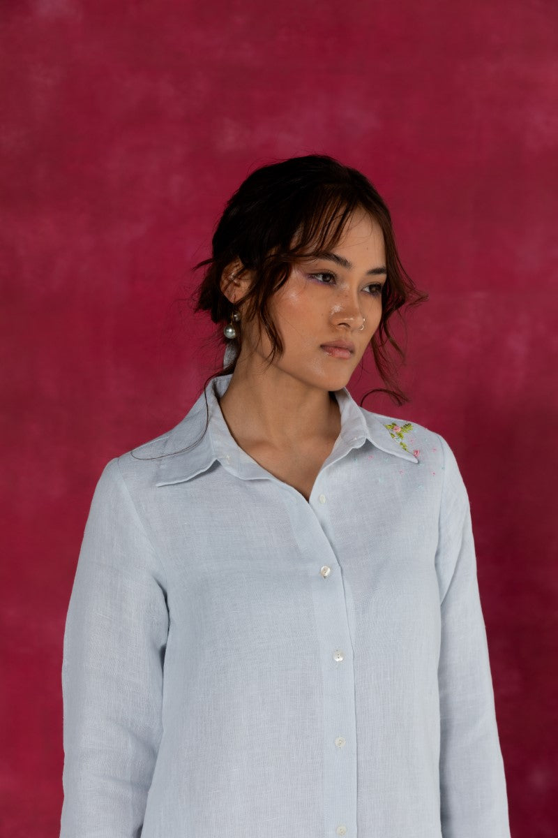 Pastel Blue Linen Shirt Dress