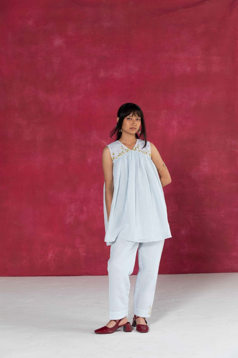 Pastel Blue Sleeveless Gathered Top