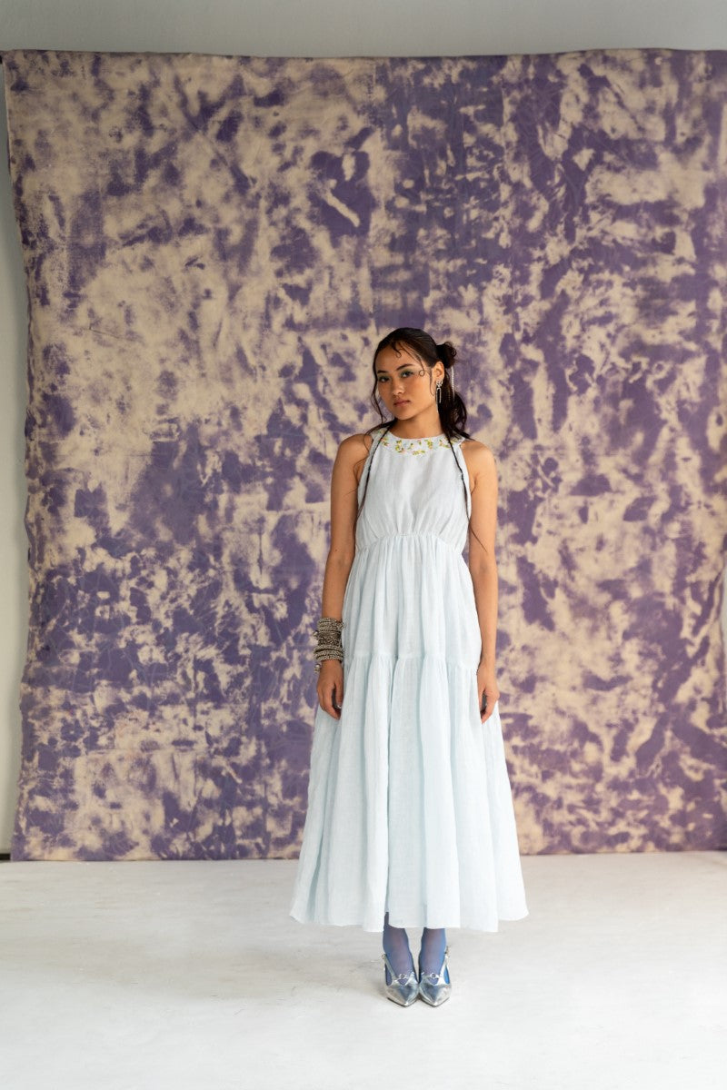 Pastel Blue Ankle-Length Sleeveless Tiered Dress