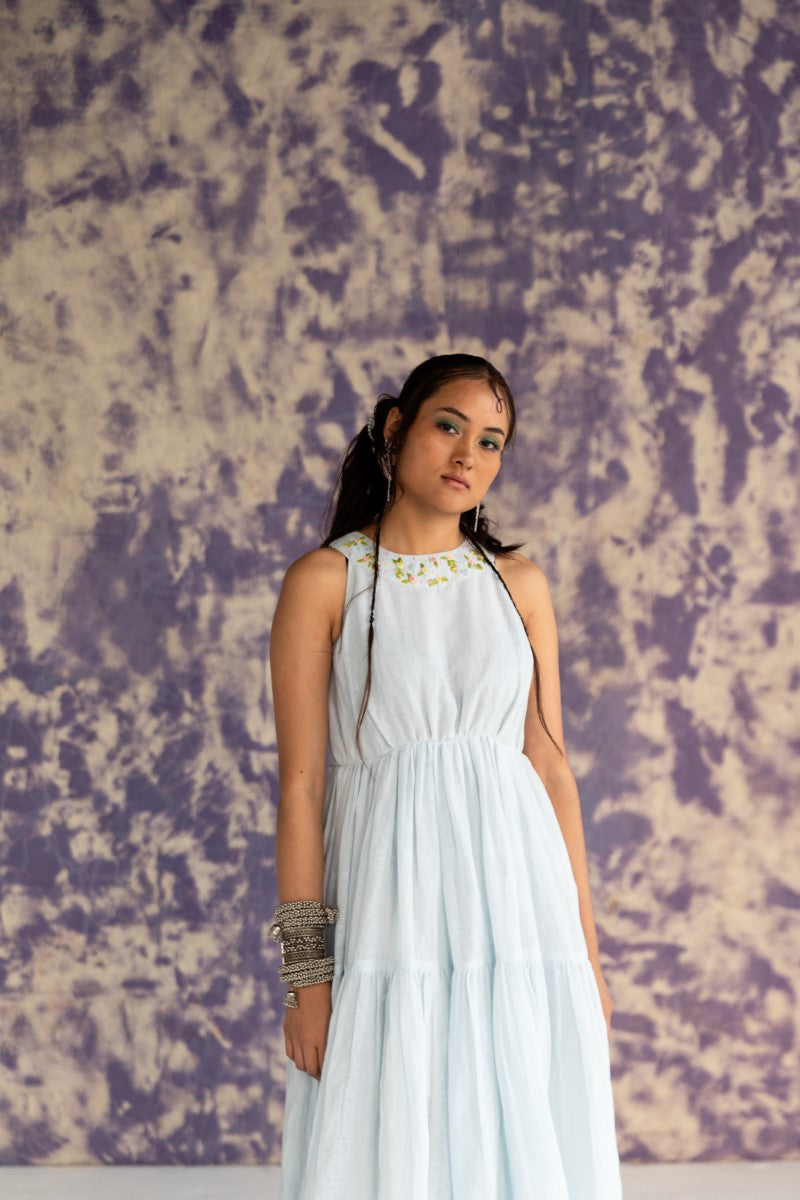 Pastel Blue Ankle-Length Sleeveless Tiered Dress