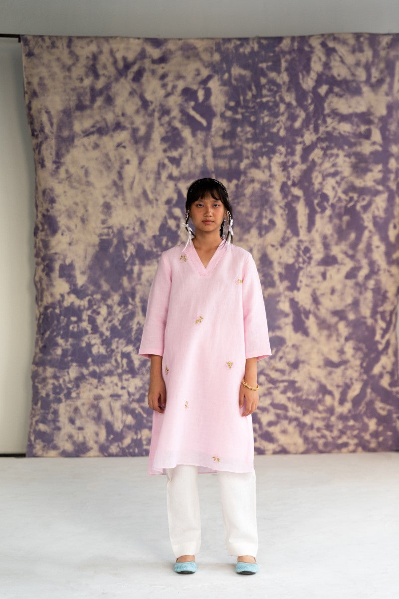 Pastel Pink Linen Fabric Kurta Set