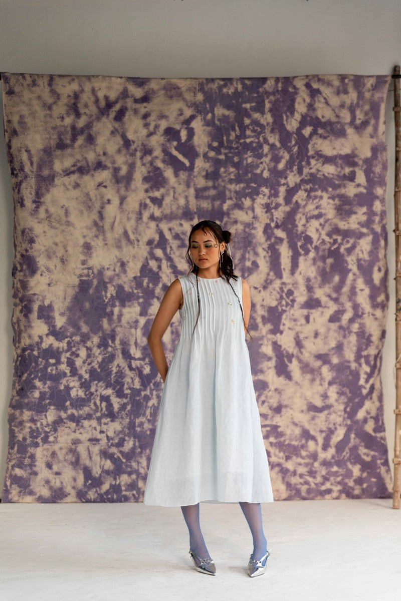 Pastel Blue Calf-Length Sleeveless Dress