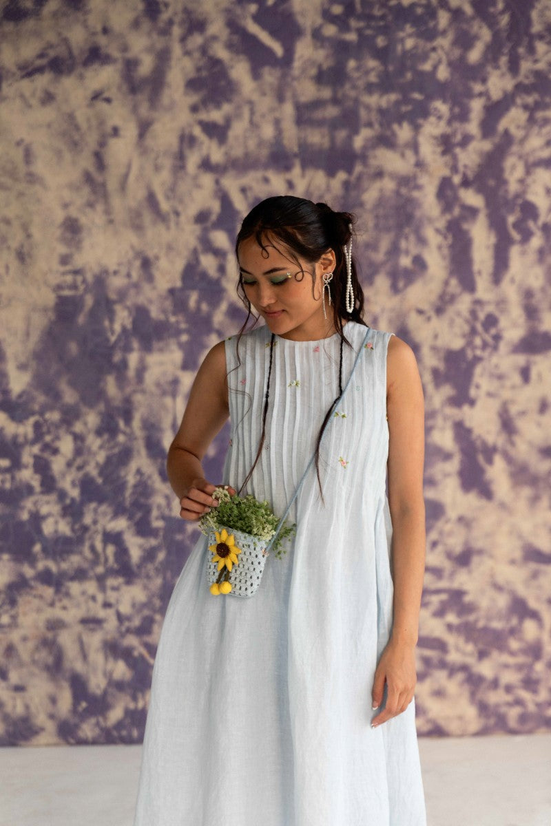 Pastel Blue Calf-Length Sleeveless Dress