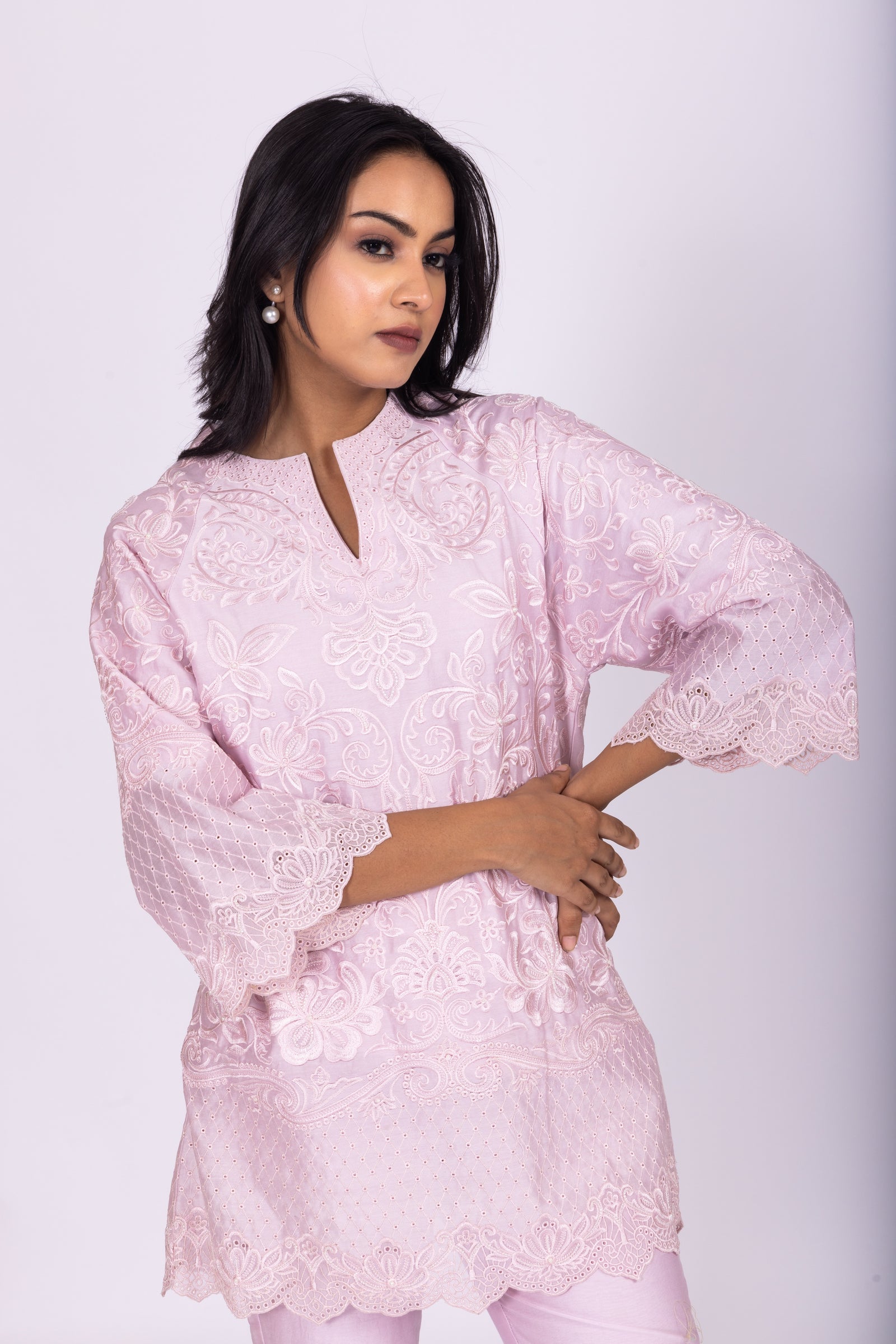 Lilac Chanderi Embroidered Kurta Set