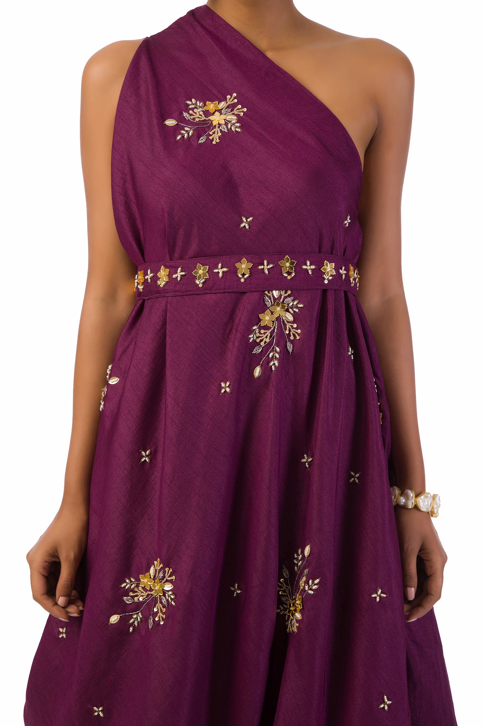 Wine one shoulder draped cowl dress