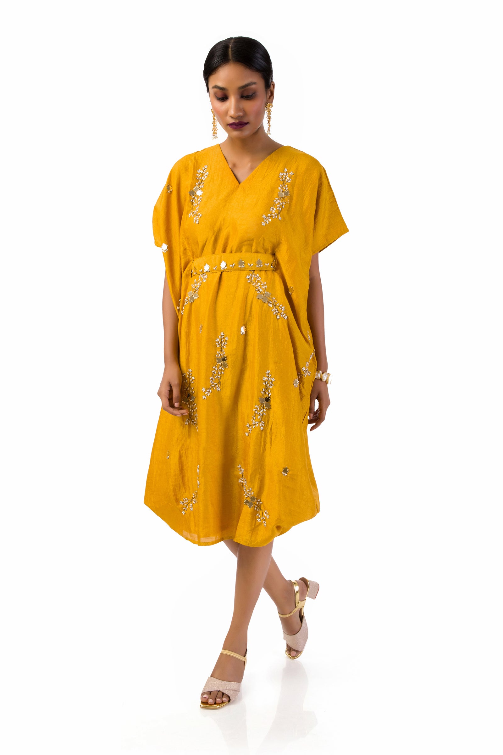 Mustard kaftan side cowl dress