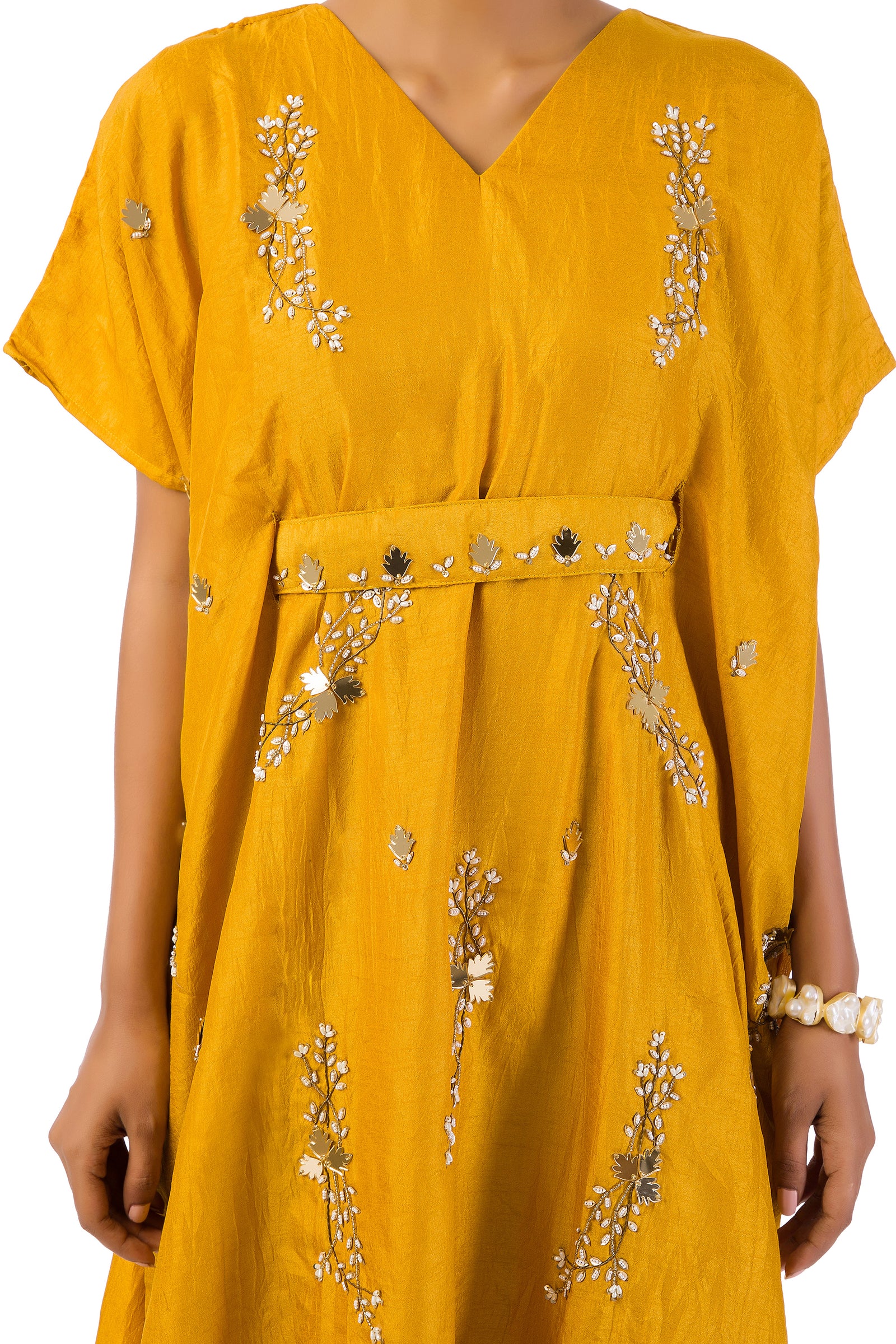 Mustard kaftan side cowl dress