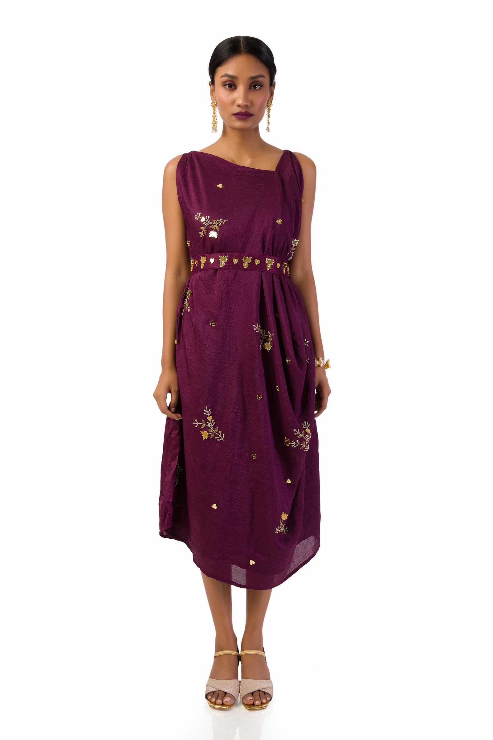 Wine draped side cowl dress