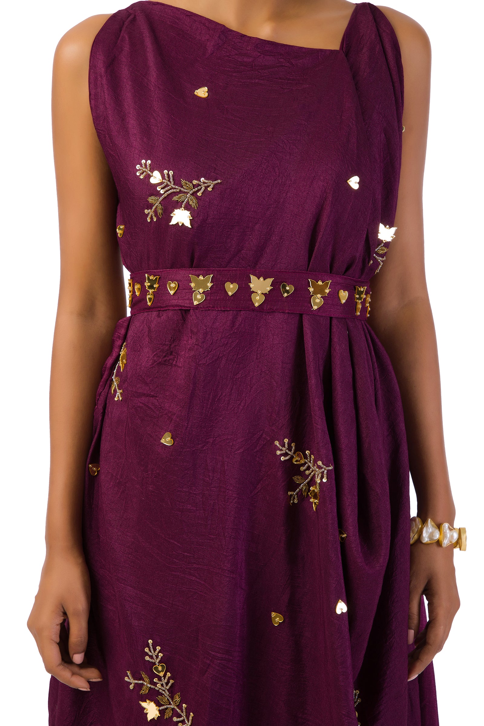 Wine draped side cowl dress