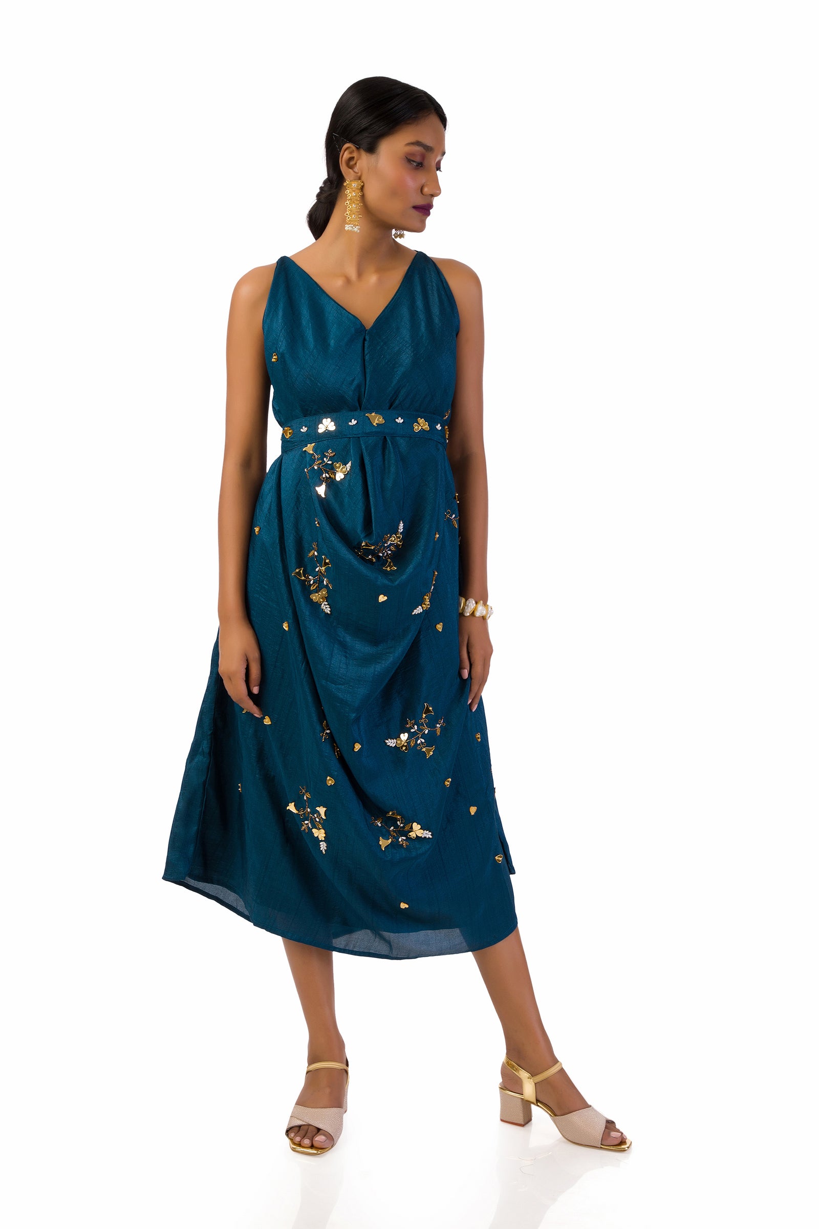 Dark blue centre cowl dress