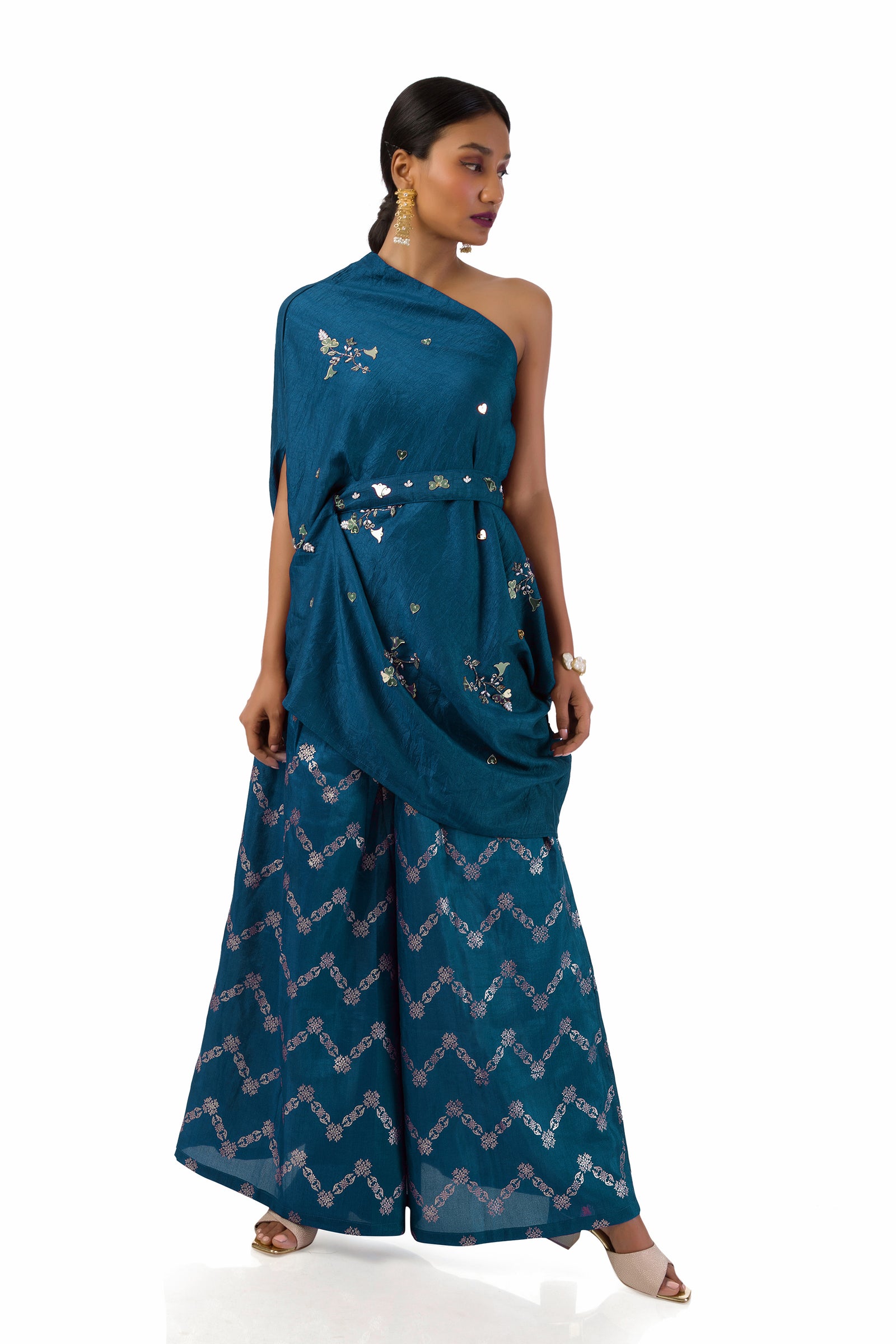 Dark Blue one-shoulder draped top with hand printed palazzo pants