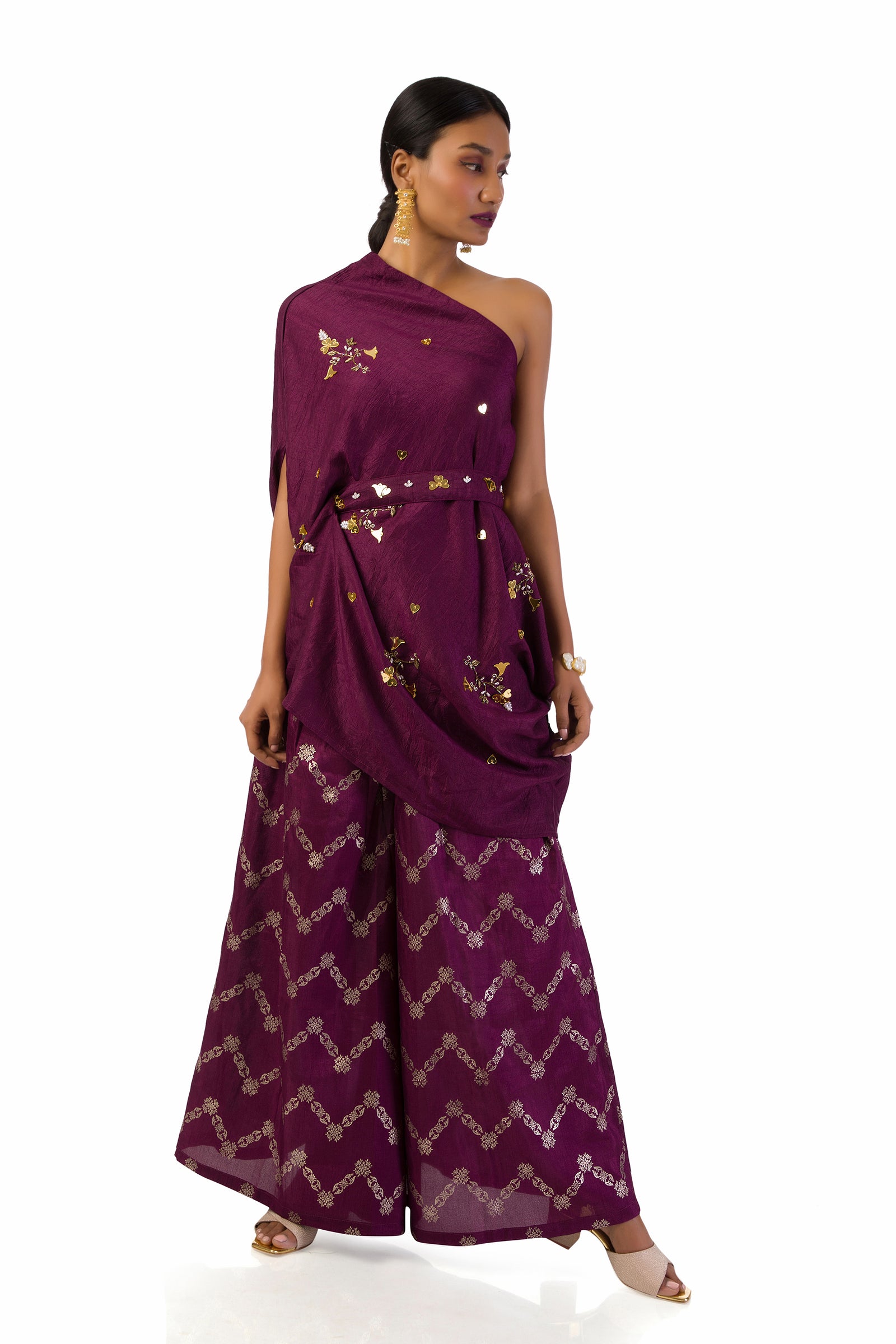 Wine one-shoulder draped top with hand printed palazzo pants