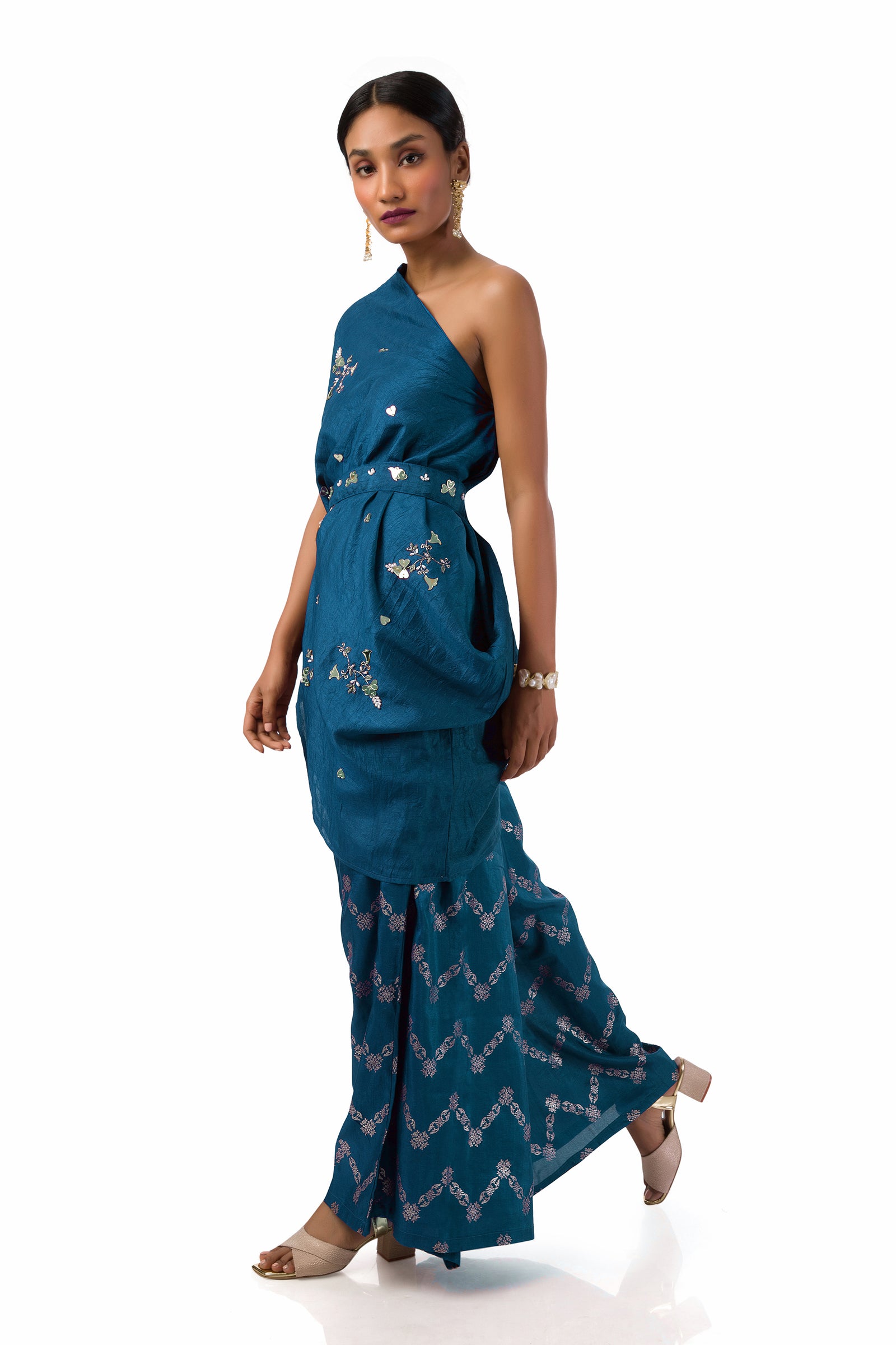 Dark Blue one-shoulder draped top with hand printed palazzo pants