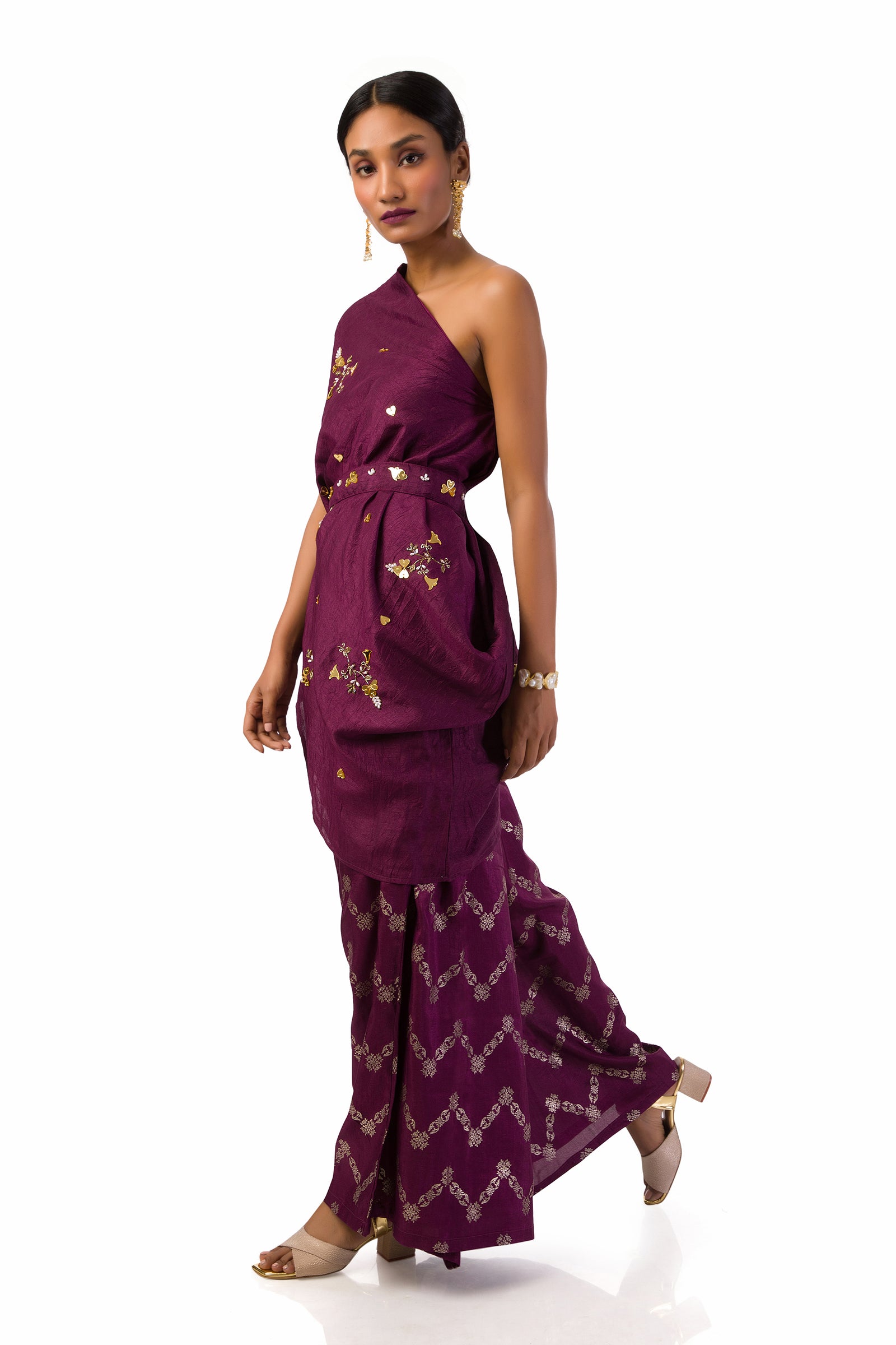 Wine one-shoulder draped top with hand printed palazzo pants