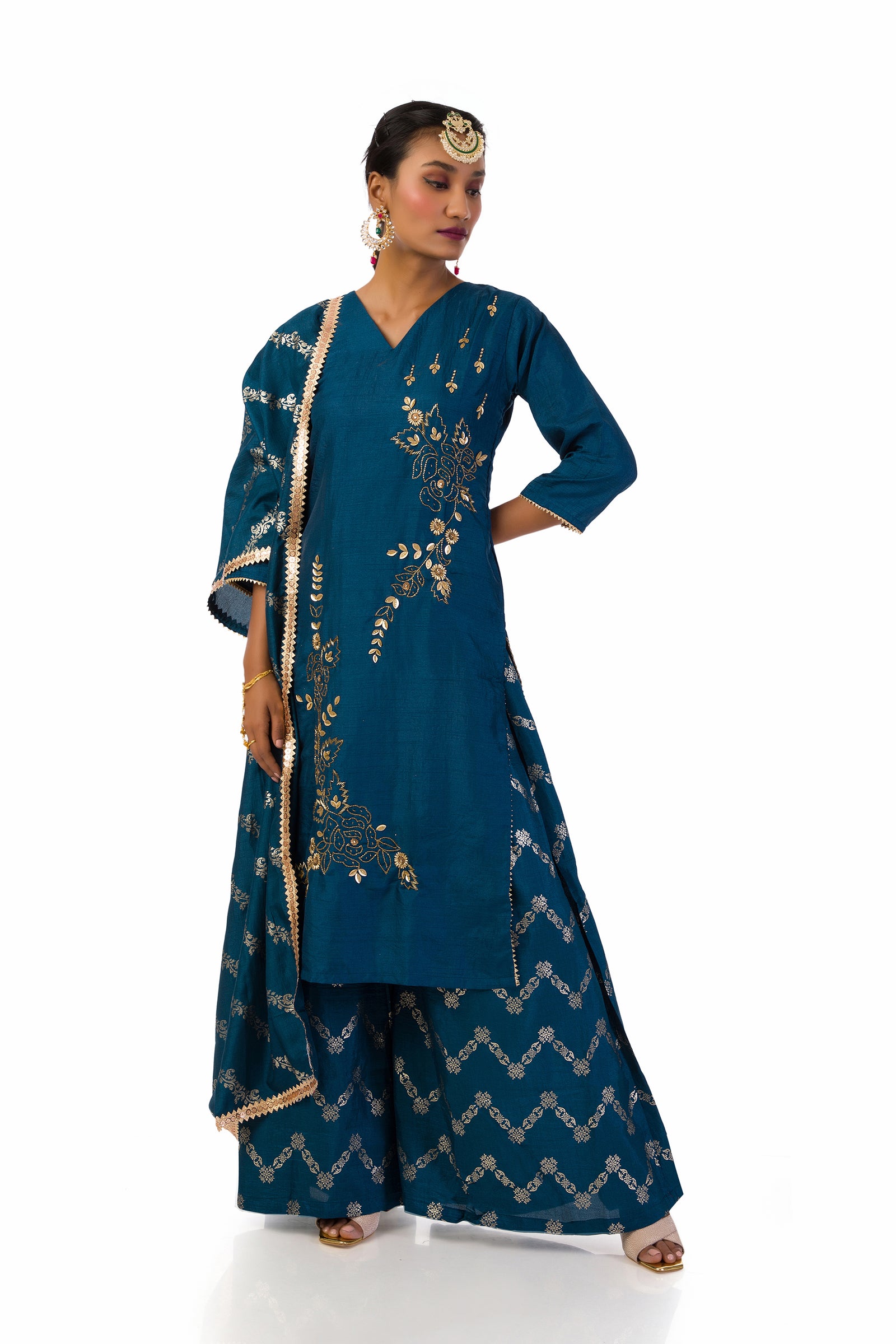 Dark blue suit set with hand embroidered and hand print kurta fully lined