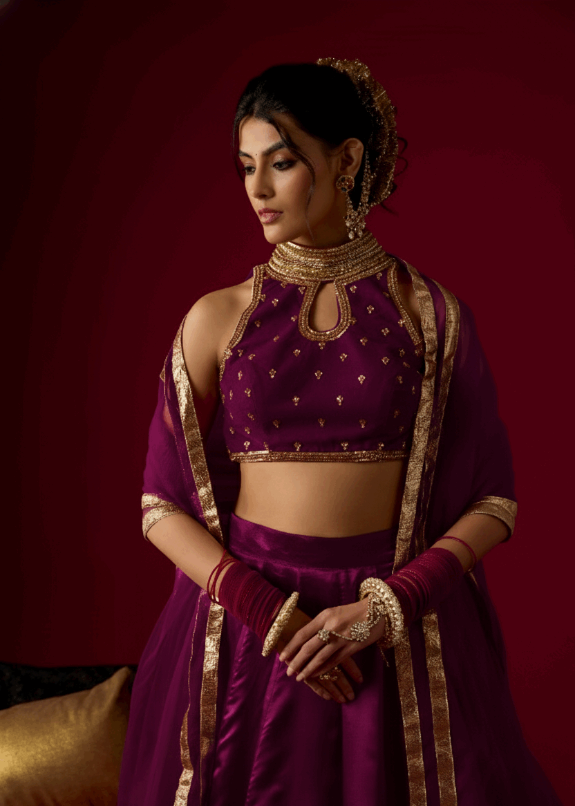 Brinjal Violet Russian Silk Satin Lehenga with Velvet Blouse Set