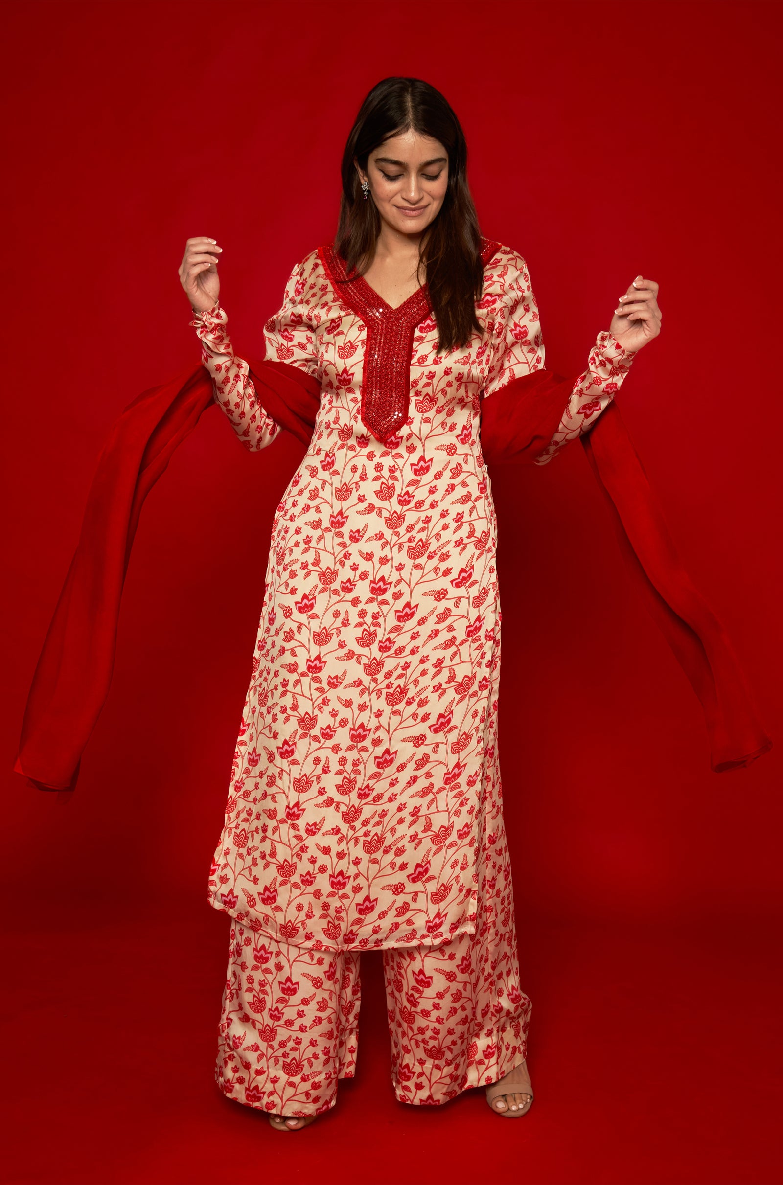 Cream & Red Kurta Set