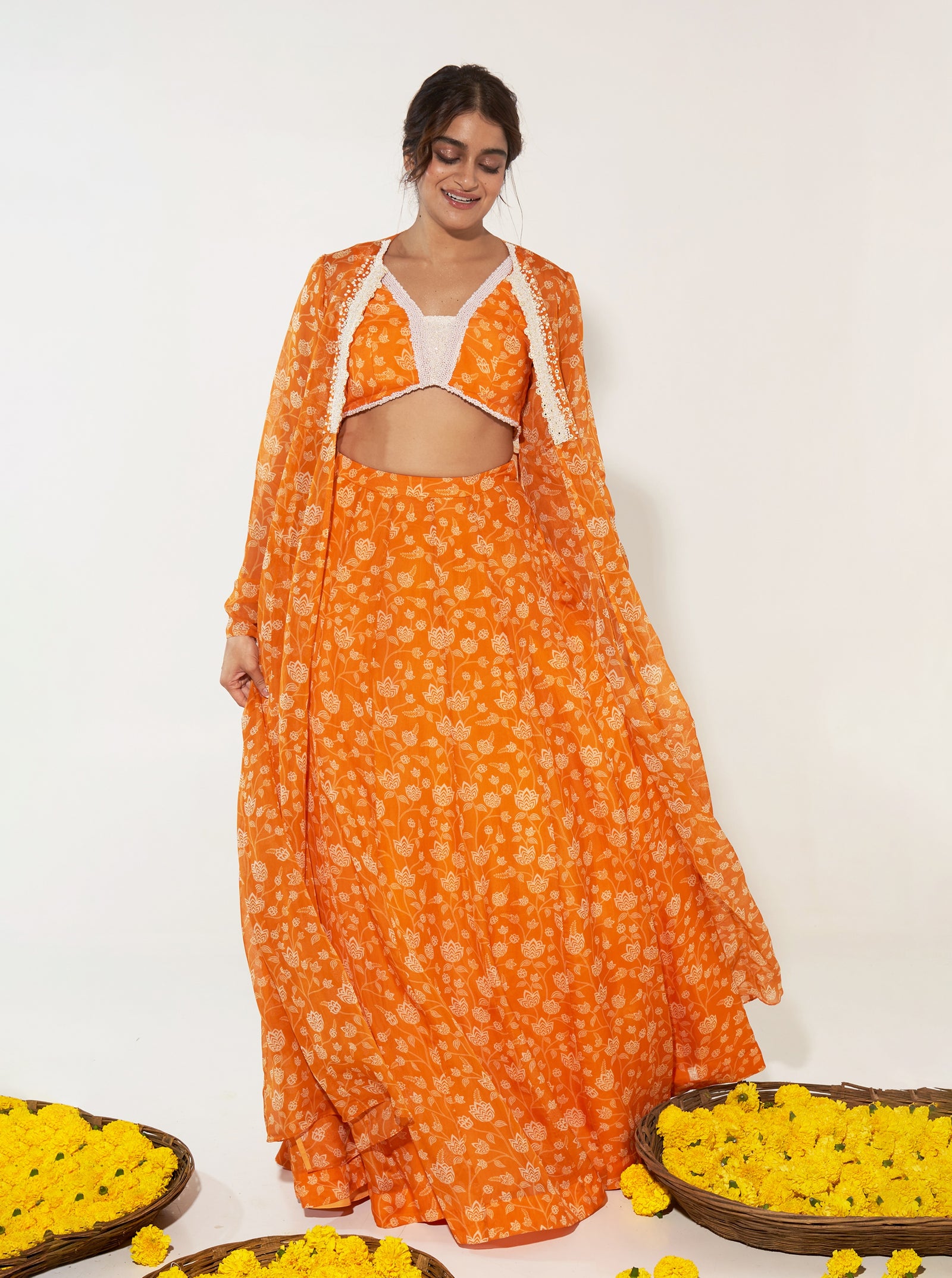 Orange & White Lehenga Set