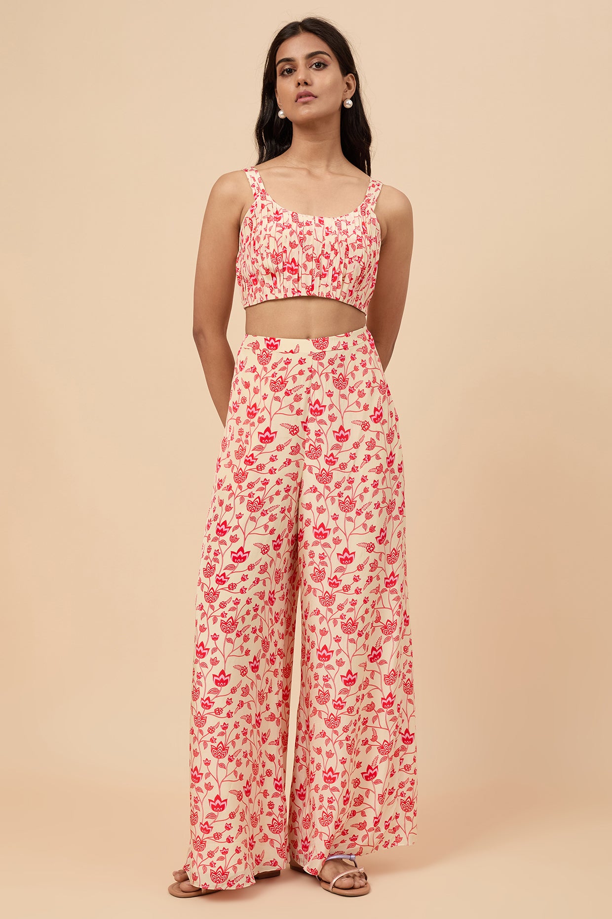 Cream and Red Crop top Co-ord