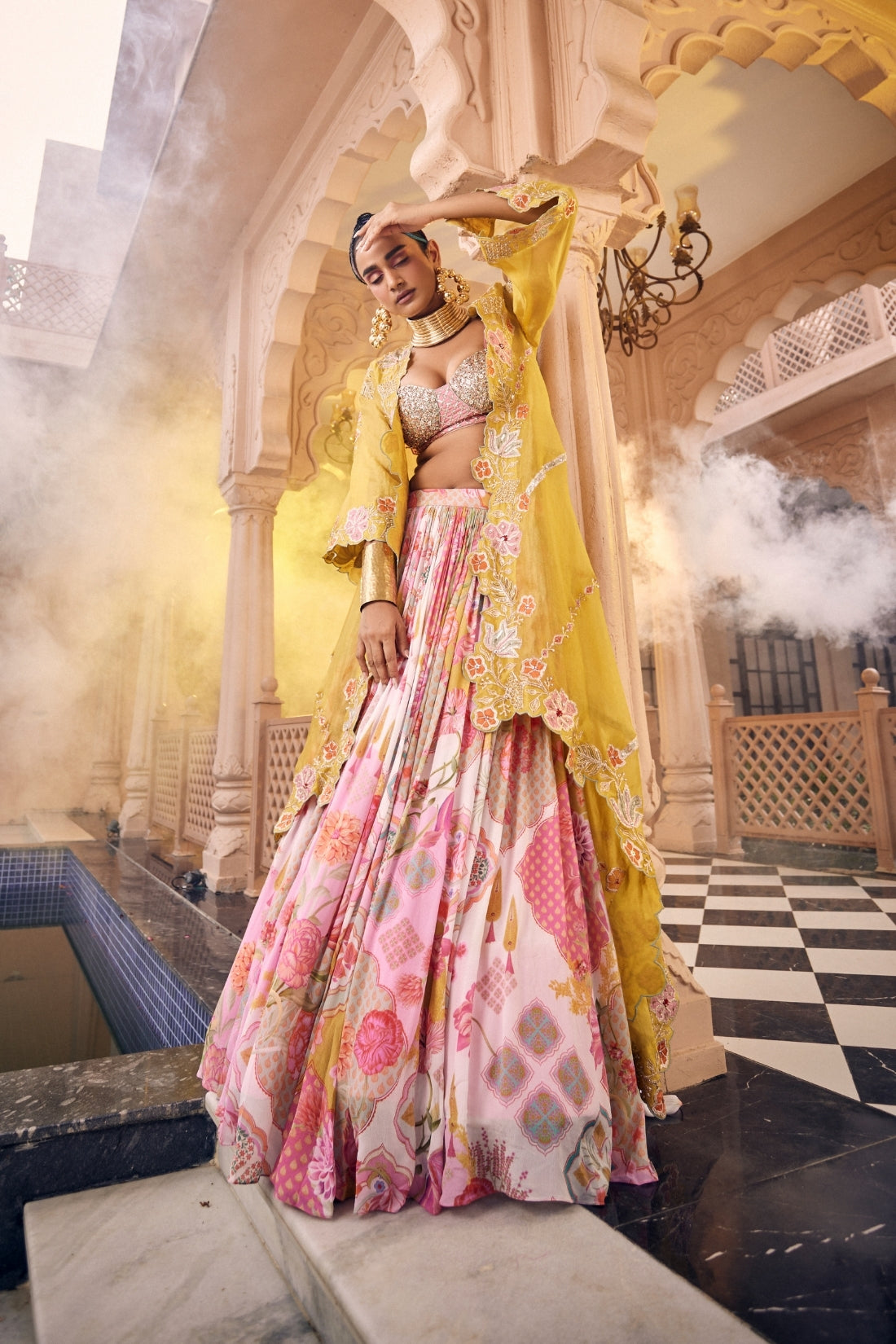 An Intricately Embroidered Mustard Tissue Shrug