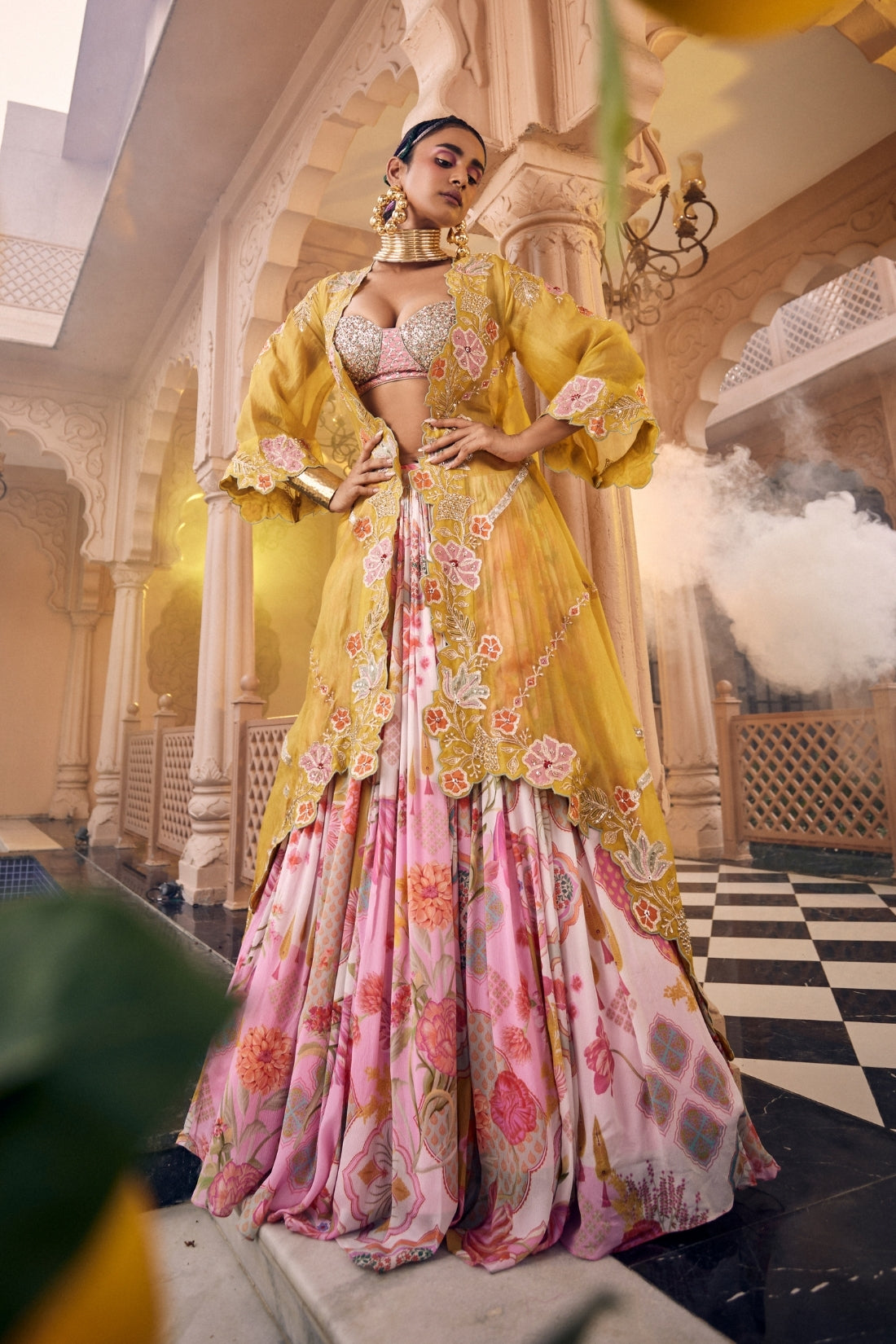 An Intricately Embroidered Mustard Tissue Shrug