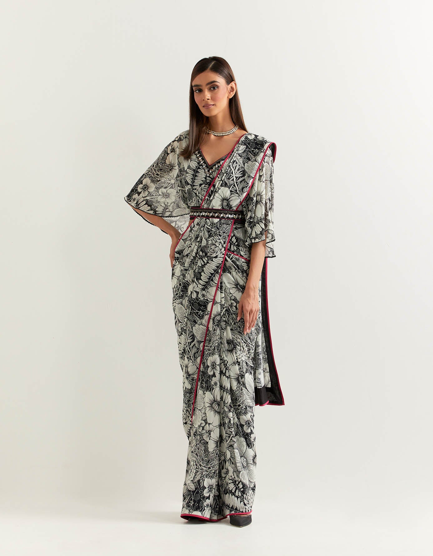 Printed georgette pre stitched saree with flaired sleeve blouse
