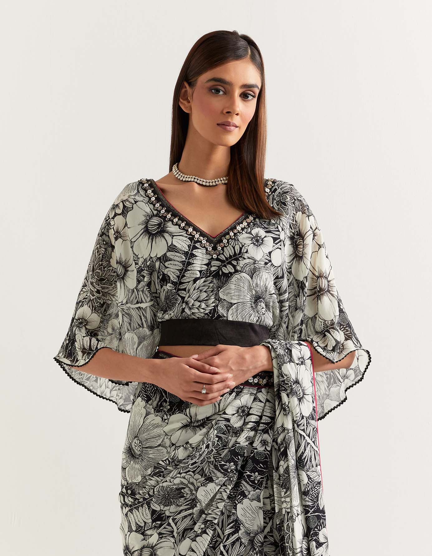 Printed georgette pre stitched saree with flaired sleeve blouse